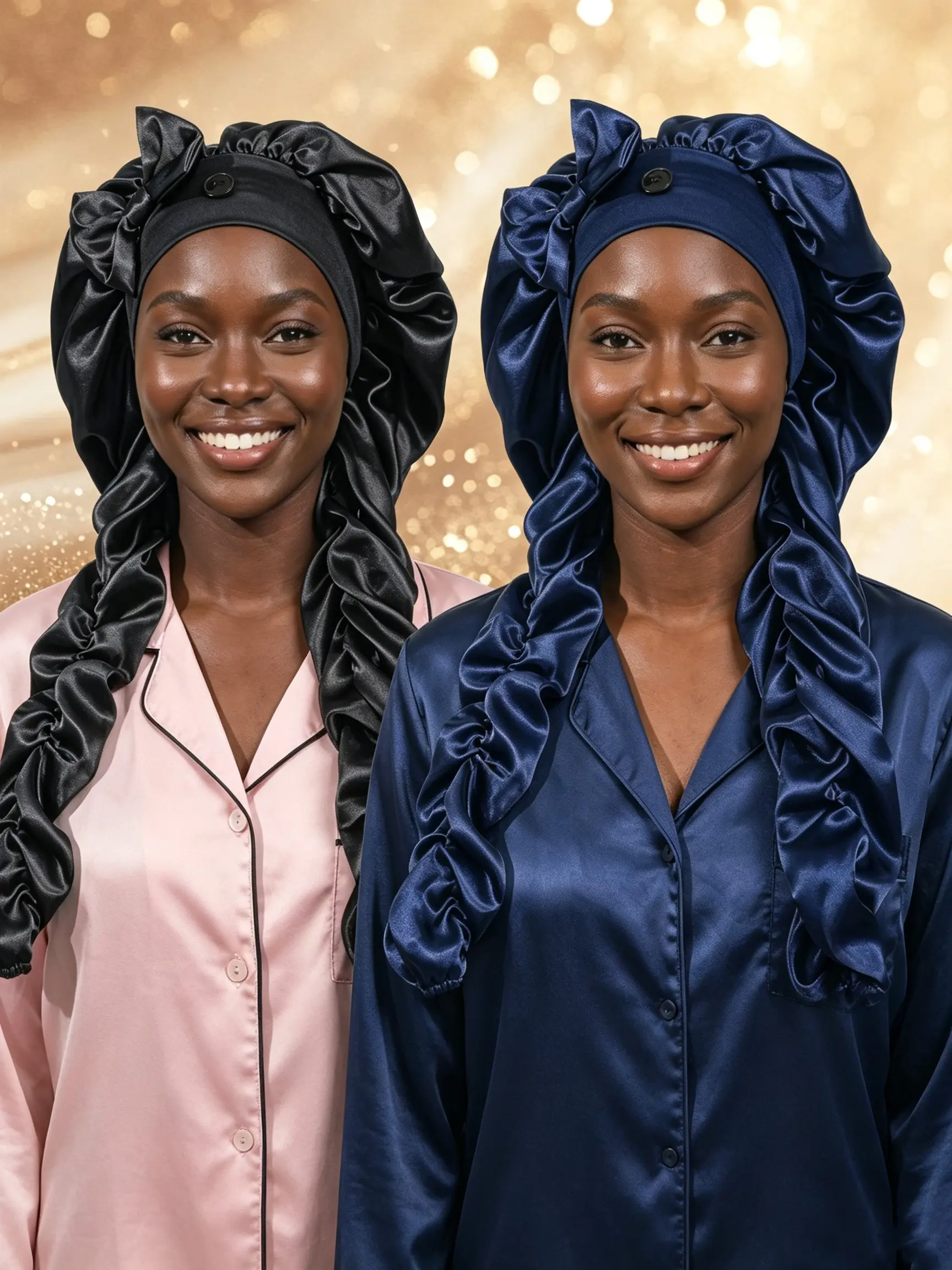 2pcs Women's Satin Bow Long Braid Sleep Cap, Adjustable Snap Button, Suitable for Curly Hair, Silky Anti-Static Night Headscarf, Heatless Hair Bonnet