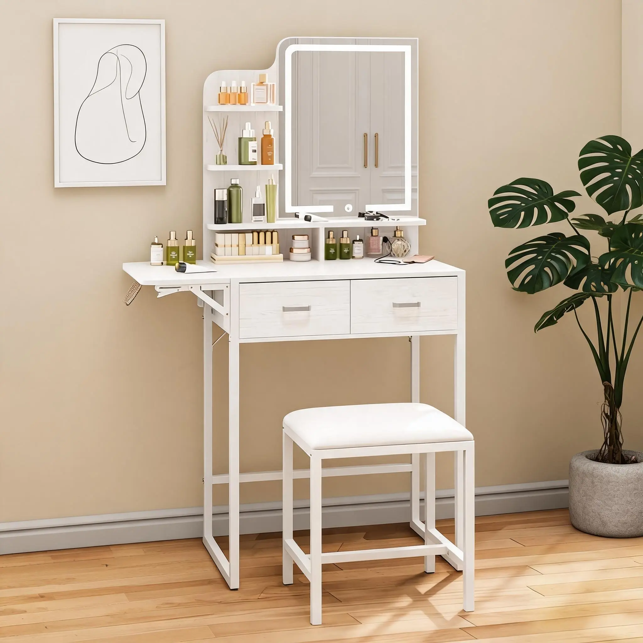 Black and White Foldable Panel LED Makeup Vanity Desk with Dimmable Mirror Lights, Built-in Power Outlet, Fabric Drawers Storage Shelves & Matching Stool, Compact Multifunctional Dressing Table Bedroom Furniture Gift for Women Girls