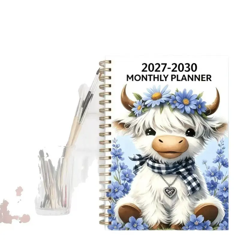 2027-2030 Four-Year Monthly Planner Notebook, Cute Highland Cow Floral Cover Coil Notebook, Schedule Planning Journal