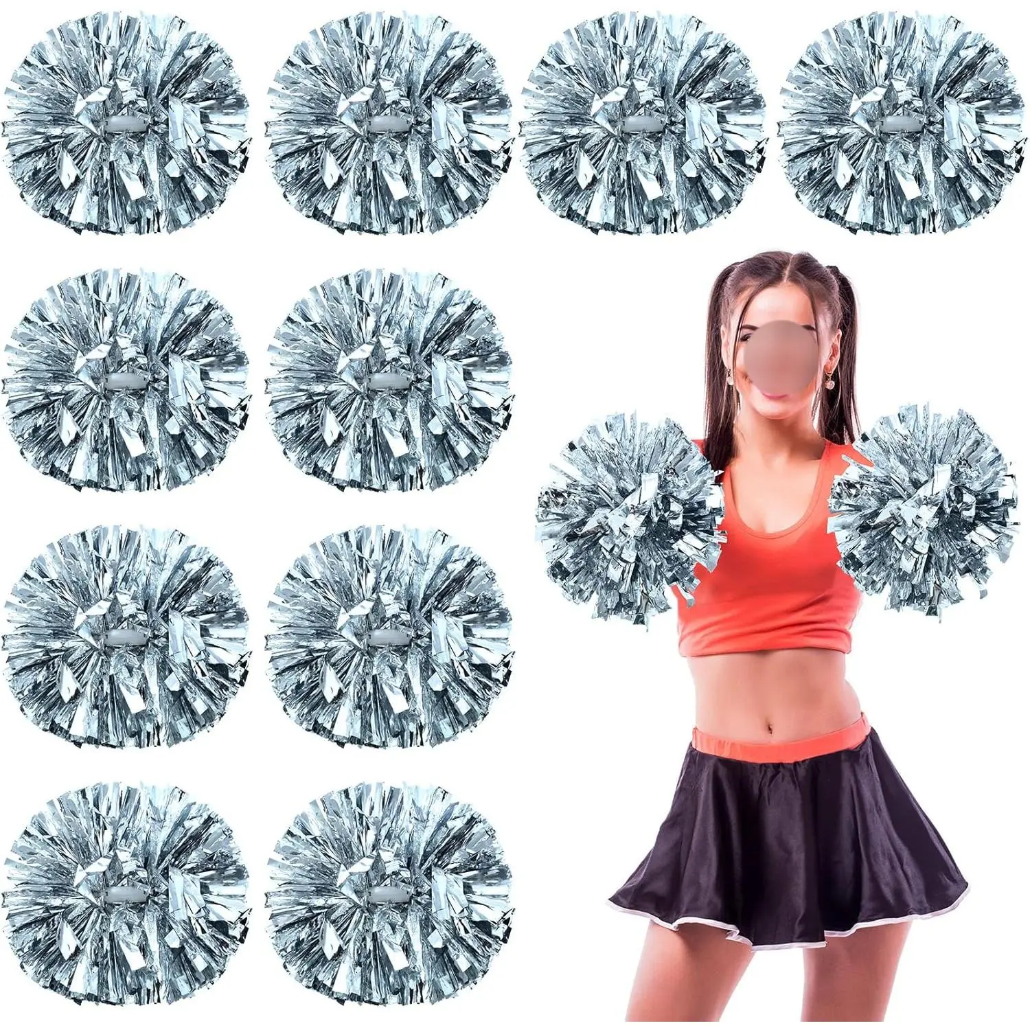 Cheerleading Pom Poms Accessories, 12 Plastic Shiny Metallic Foil Pieces with Baton Handles, Compact Reusable Grip for Women's Cheer Squads, Sports Day Events, Fan & Teacher Use