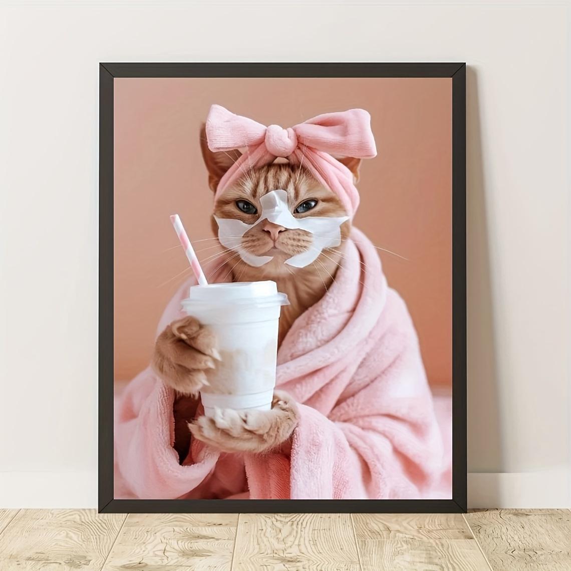 Funny Cat Spa Day Wall Art Set - 1pc Major Material: Other - Playful Cat with Milk Tea Face Mask Canvas Print, Unique Gift for Pet Lovers, Vet Clinic Decor, Humorous Bathroom Artwork, Creative Home Bedroom Kitchen Living Room Cafe Office Toilet Wall Decor