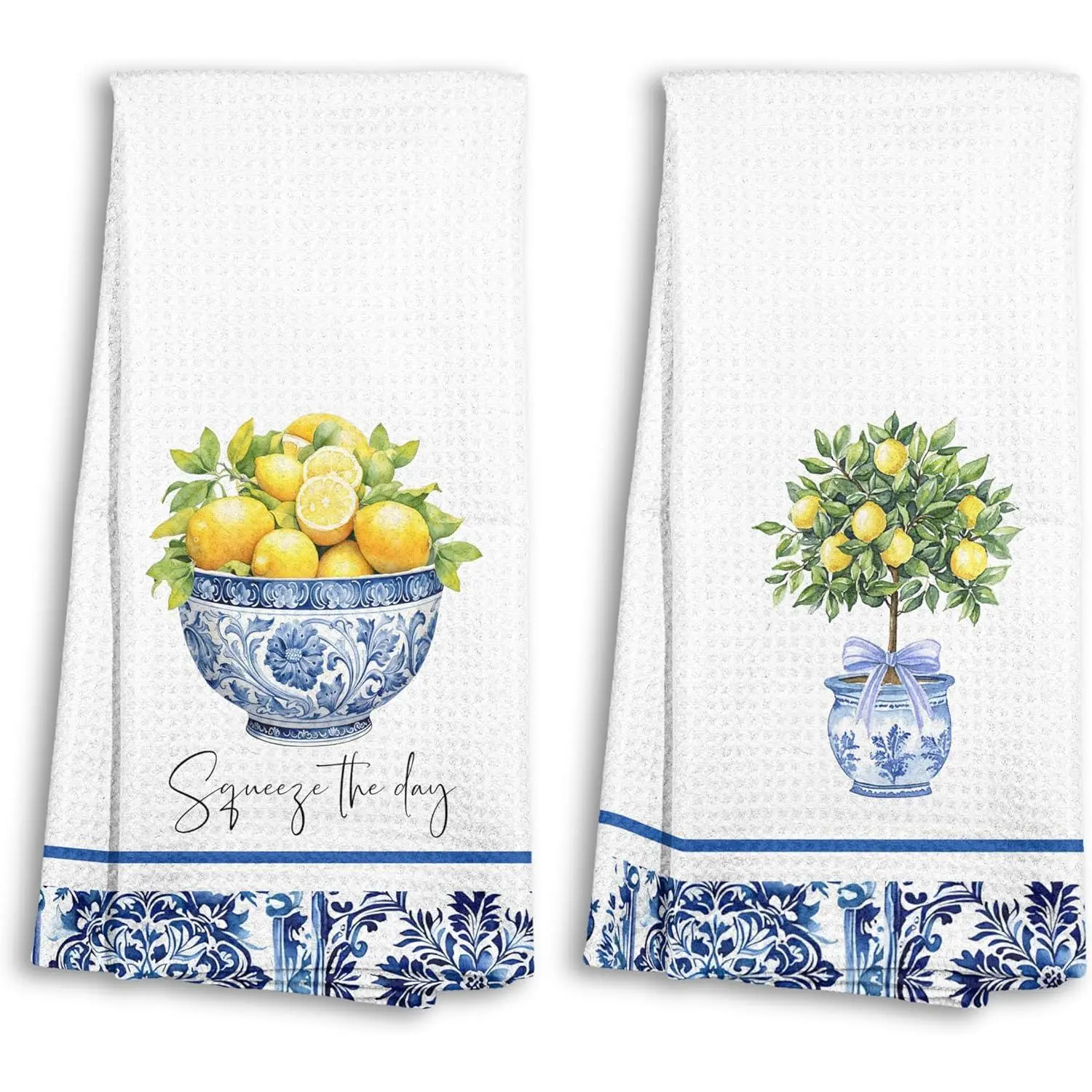 Chinoiserie Lemon Kitchen Towels Set of 2, Coquette Grandmillennial Lemon Blue and White Dish Tea Towels for Kitchen Decor, Mediterranean Fruit Decorative Hand Towel for Bathroom, 16x24 Inch