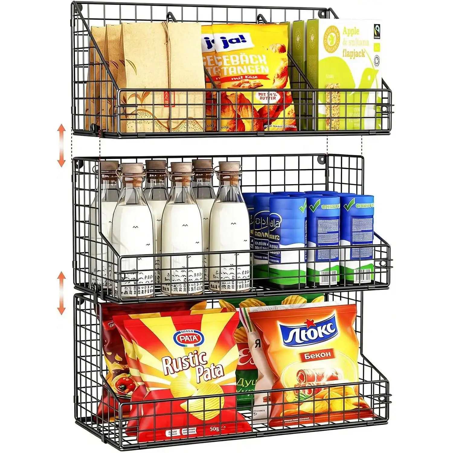 3 Tier Large Stackable Snack Organizer - Versatile Wall Mounted Wire Storage Basket with Divider for Candy Chip Cans Bars - Ideal for Pantry Office Home     pantry organization
