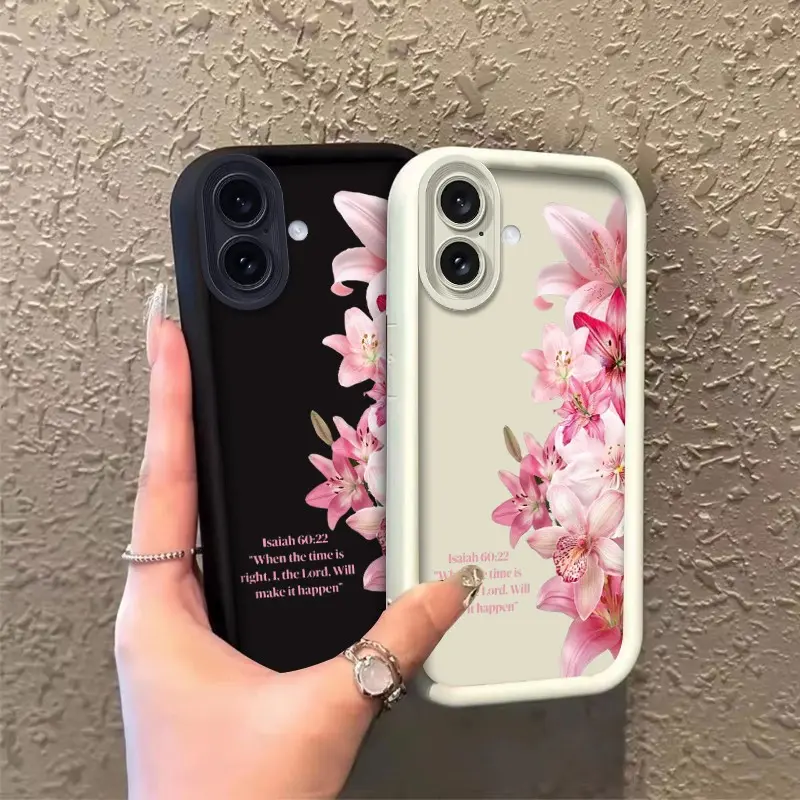 ROOJTMFML Silicone Phone Case for iPhone 17/16/16 Plus Series, TPU Layered Soft Shell with Enhanced Shockproof Protection, Pink Lilies Isaiah 60:22 Celestial Eye Design, Durable Soft Flexibility, Cover Protector