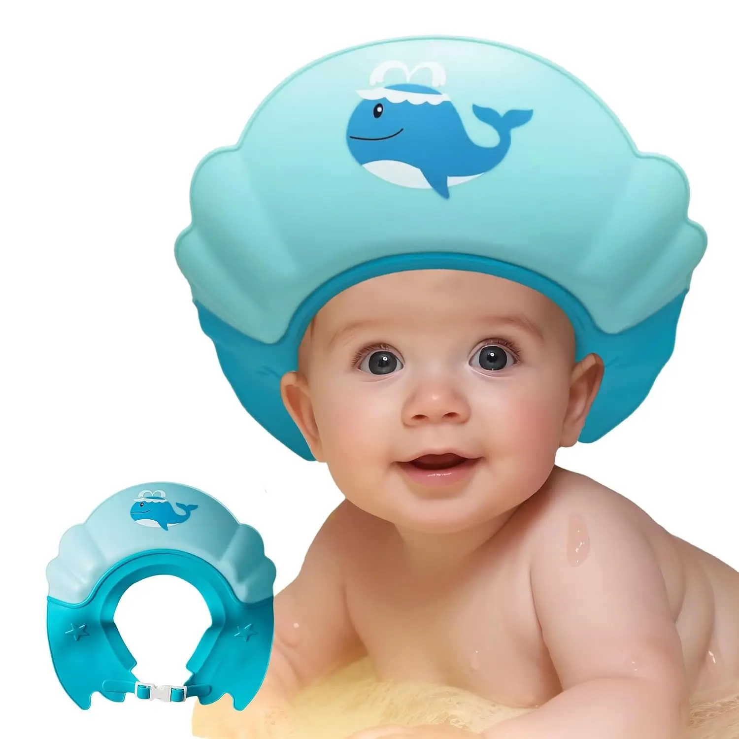 Baby Shower Cap Shield with Visor for Eye and Ear Protection, Cute Whale Shape Toddler Bath Hat for 0-9 Years Kids, Fun Blue Bathing Accessory(Gift)