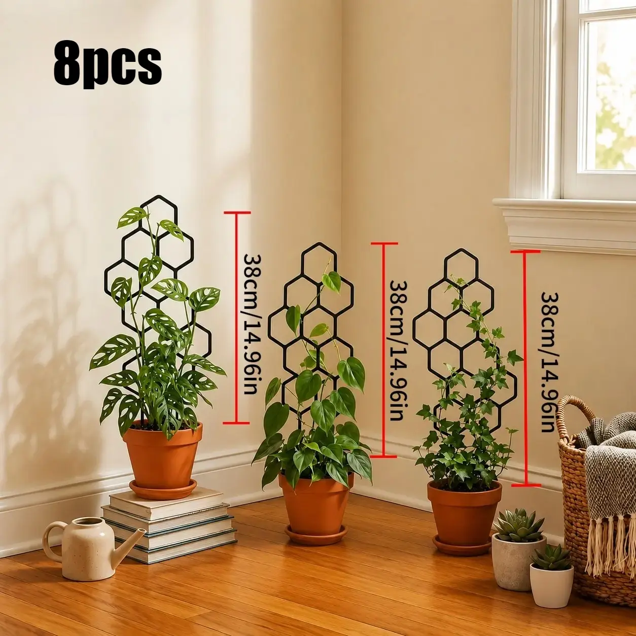 8 Pieces Honeycomb Plant Support Trellis, Rustproof Plastic Plant Rack, 14.96 x 5.91 Inches, Ideal for Potted Vines and Flowers, Gardening Accessories, Planter Trellis, Climbing Plant Stand
