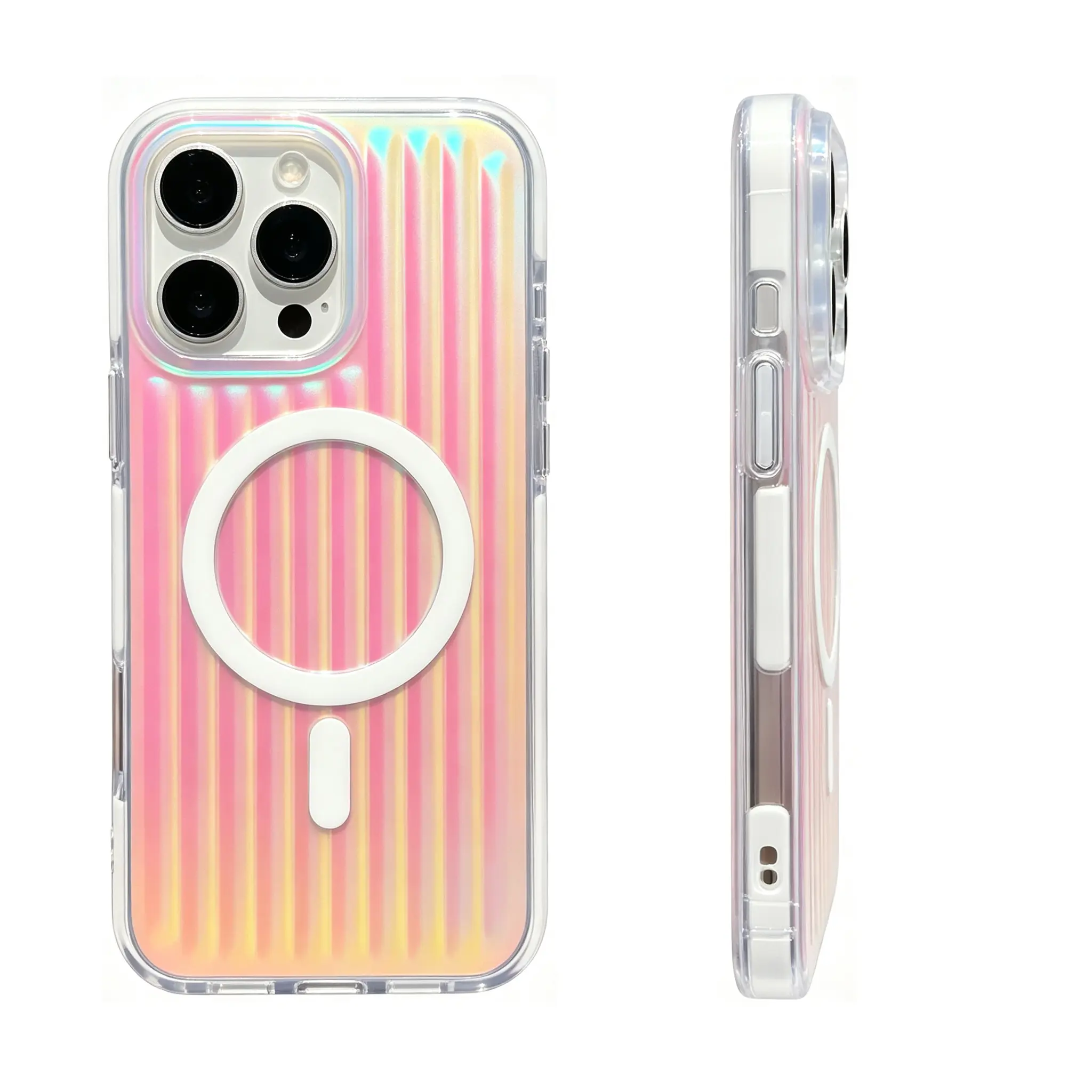 (Case & Nova.)Laser Iridescent Gradient Luggage Strip MagSafe Phone Case, Airbag Shockproof Aurora Transparent Magnetic Protective Cover for iPhone 17 Pro Max, 16 Plus, 15, 14, 13 solid color  clear silicone durable protective case