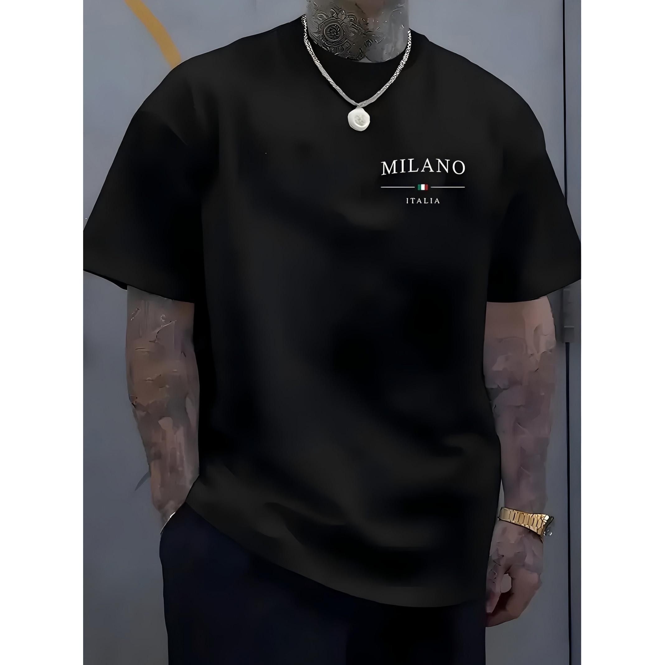 Mens Oversized Crew Neck Short Sleeve Tee Soft Cotton Streetwear Boxy Fit White Milano Italia Chest Print Summer Casual Outfit