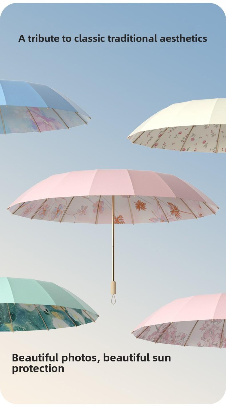 Mucat Umbrella SunUmbrella UVProtection ,SummerEssentials,AestheticUmbrella,WomensAccessories Umbrella,Ink Wash Floral Sun Umbrella for Women ,UPF 50+ UV Protection Windproof with Wooden Handle