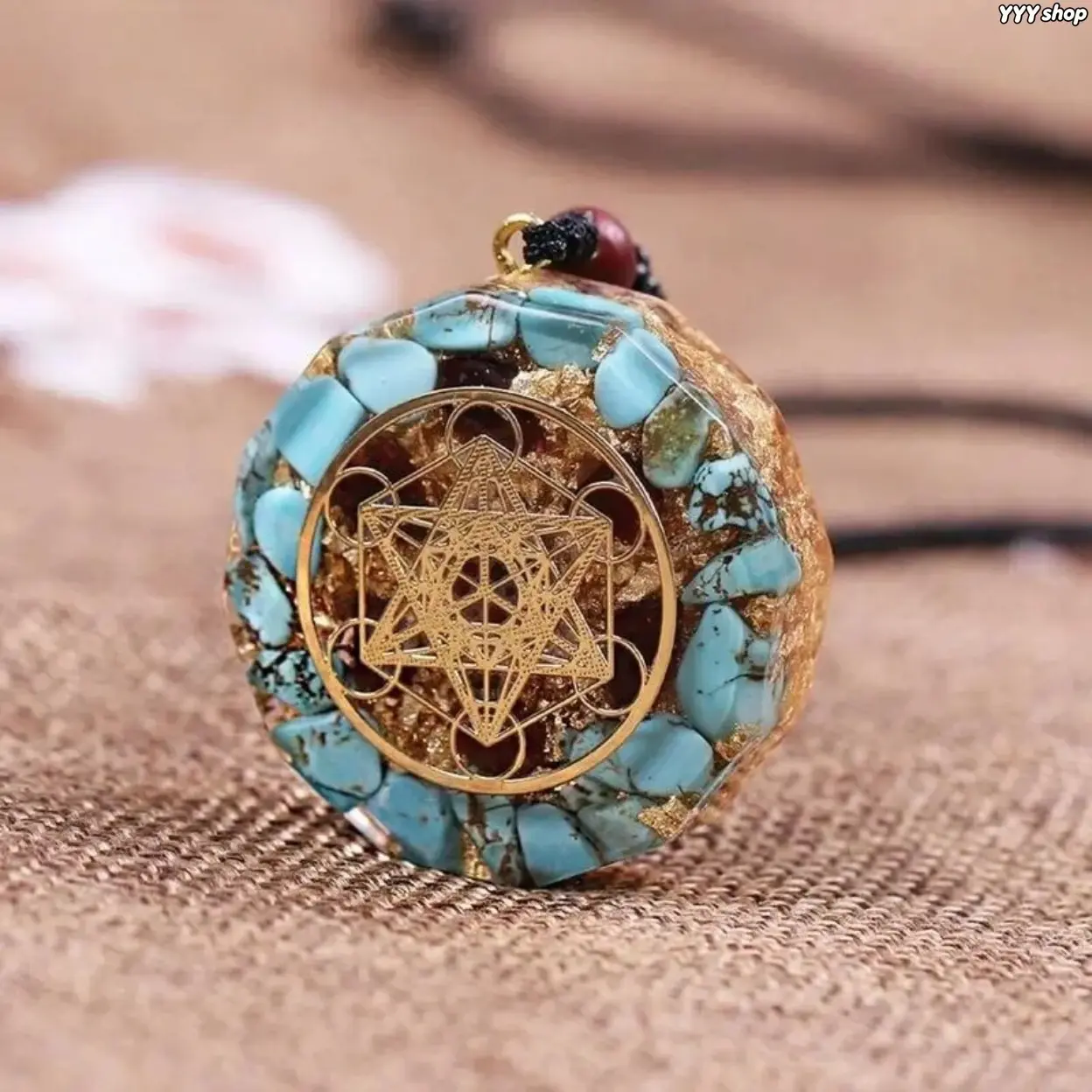Unisex Chakra Circle Necklace Inlaid With Natural Blue Turquoise, Geometric Energy Healing Amulet Pendant, Spiritual Jewelry For Stress Relief, Inner Calm, Concentration, Meditation And Yoga Daily Wear
