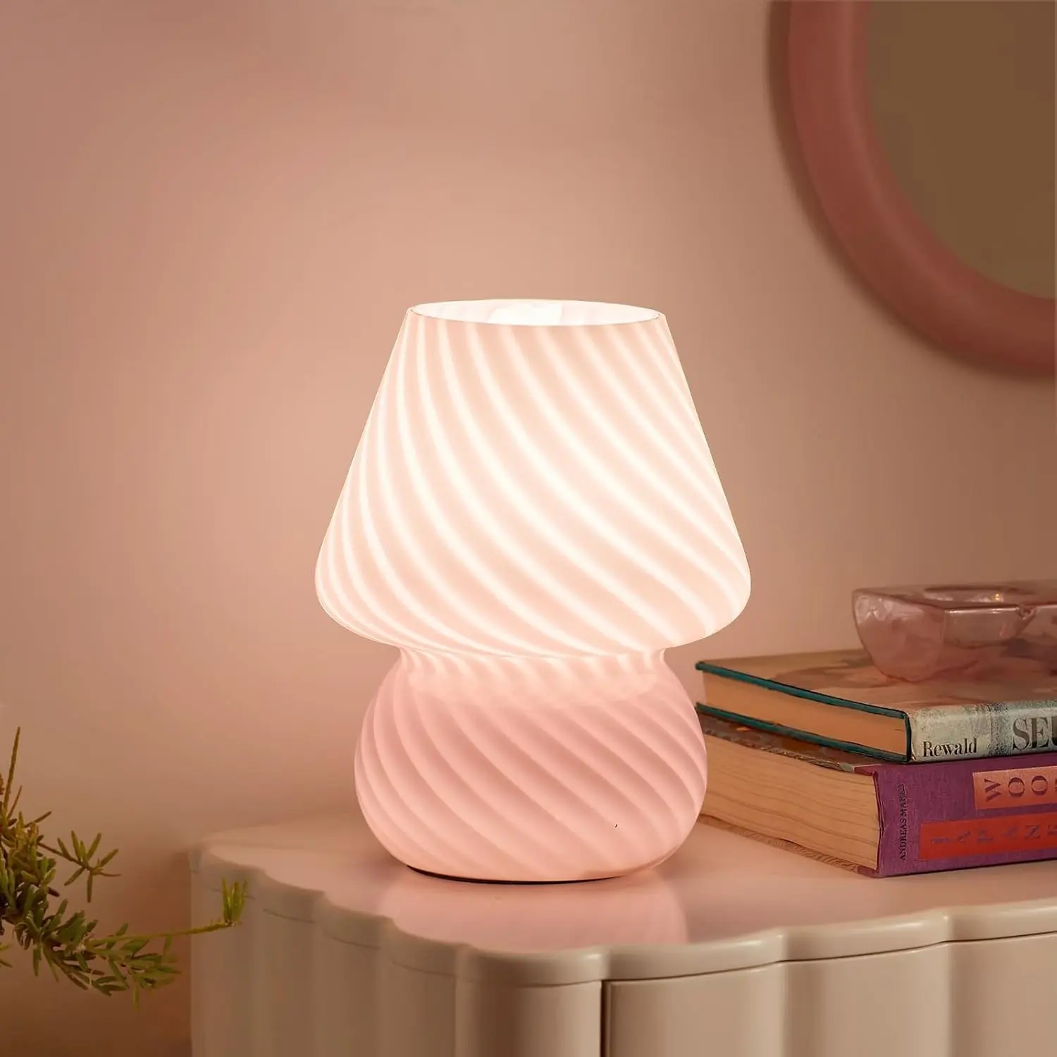 Mushroom Lamp-Small Bedside Table Lamp with Striped Glass, Nightstand Lamp for Bedroom, Living Room, Cafe, Bulb Included, Home Decor for Girls Women, Pink