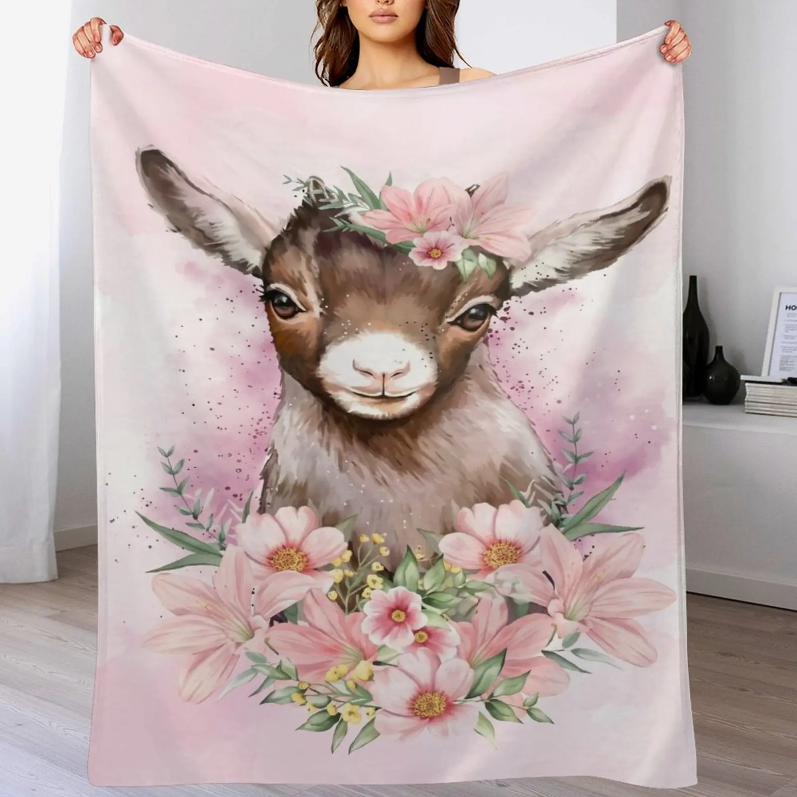 Floral Mini Goat Cottagecore Flannel Throw Blanket Cozy Warm Pink Watercolor Home Decor Couch Blanket Gift For Farm Goat Lover Women Birthday Housewarming,Vintage