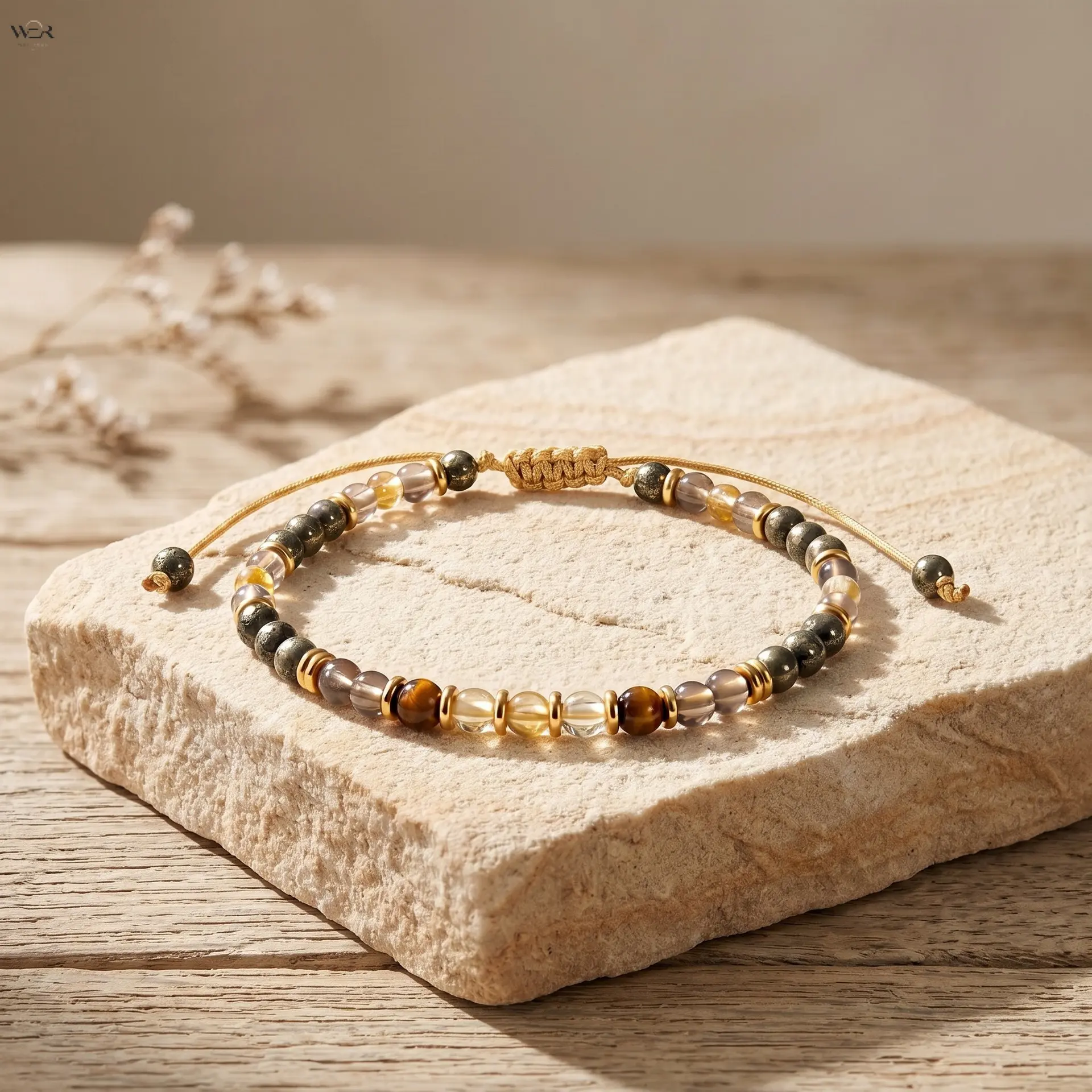 Natural Mixed Crystal Stone Adjustable Sliding Knot Bracelet, Pyrite Tiger Eye Smoky Quartz Clear Quartz Bead Braided Wrist Band, Minimalist Healing Gemstone Bracelet for Women Men