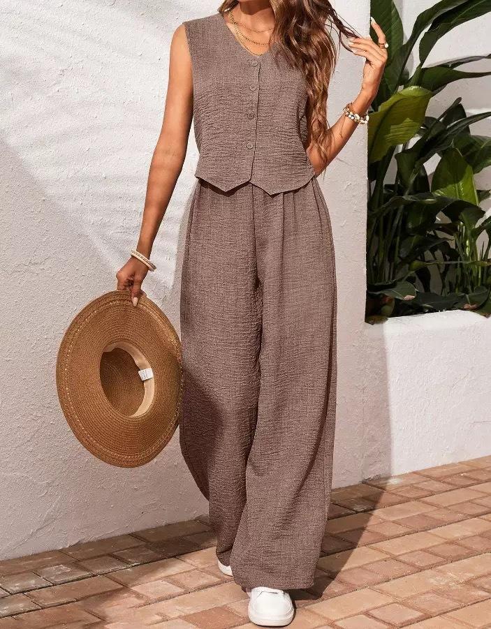 Women's 2 Piece Vest and Pants Set, Casual Button Down Waistcoat and Wide Leg Pants Matching Outfit