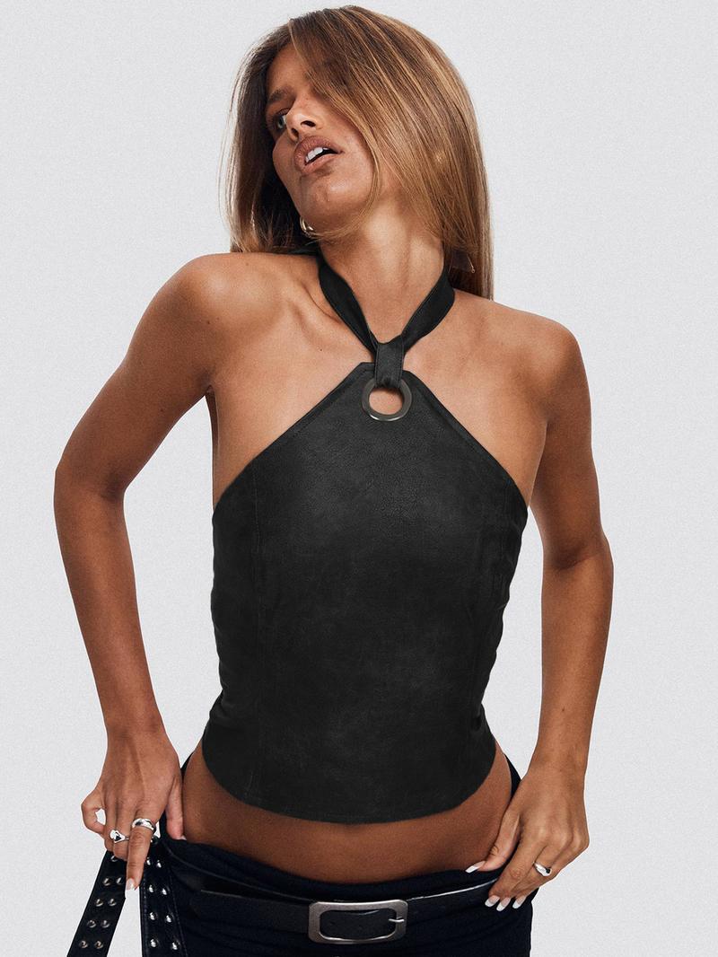 Women's Solid Lace Up Backless Halter Top, Fashion Casual PU Leather Top for Daily Outdoor Wear, Ladies Clothes for Summer