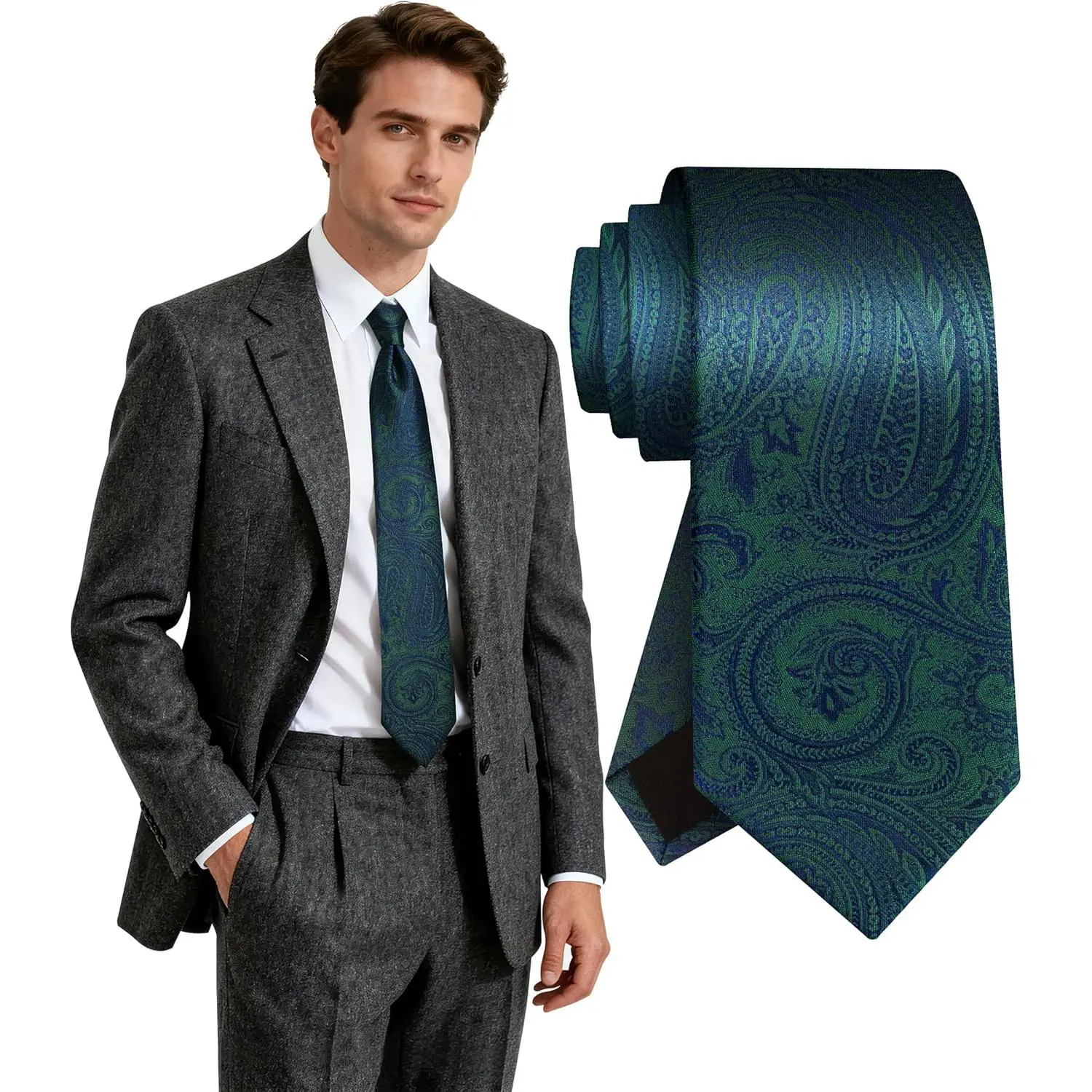 Green Ties for Men, Jacquard Neck Ties, Classic Floral Mens Ties for Wedding Business Party, Mens Paisley Ties
