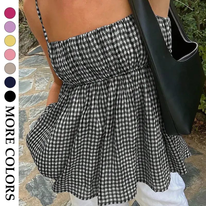 Women's Minimalist Plaid Ruffle Halter Top, Vacation Style, Casual Summer Wear, Stylish and Chic, Comfortable, Perfect for Daily