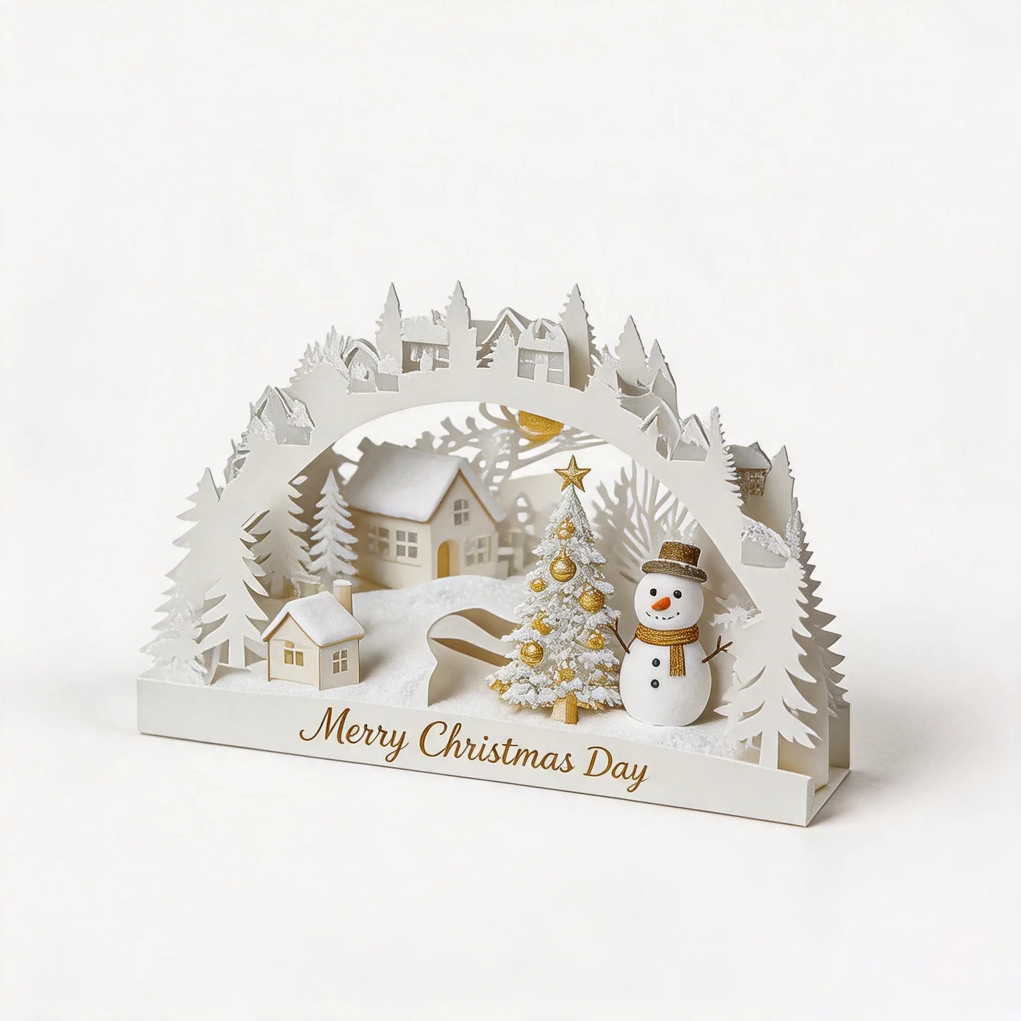1Pcs Luxury Laser Cut White Lace Christmas Greeting Card, 3D Foldable Standing Xmas Wreath Window Village Scene Handmade Blessing Christmas Card for Christmas Party Gift Giving