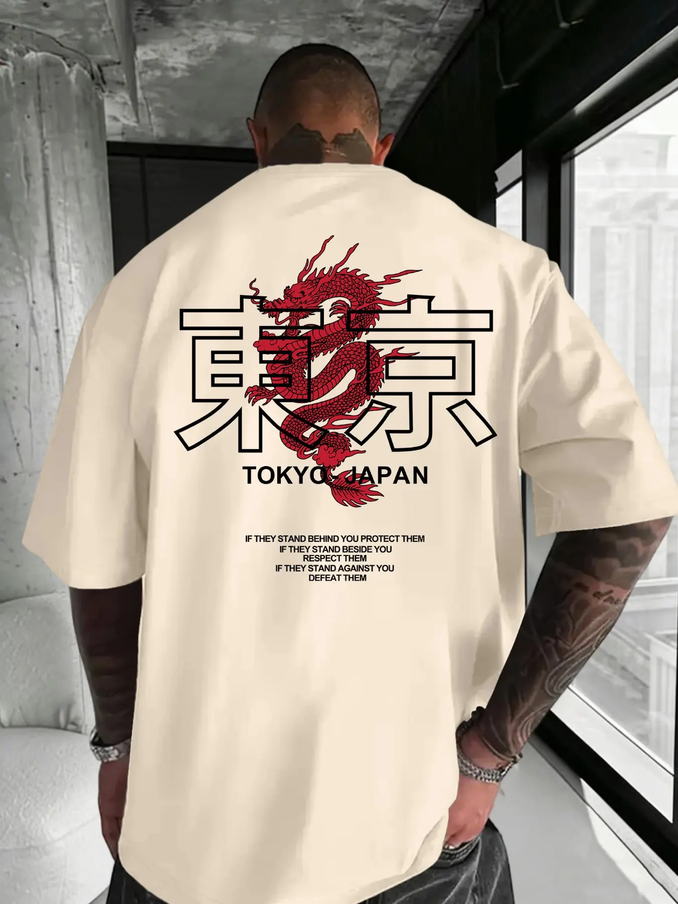 Men's Tokyo Dragon Graphic Print Casual Round Neck Short Sleeve T-Shirt, Summer Outdoor Sports Top, Fitted H-Type Long Top