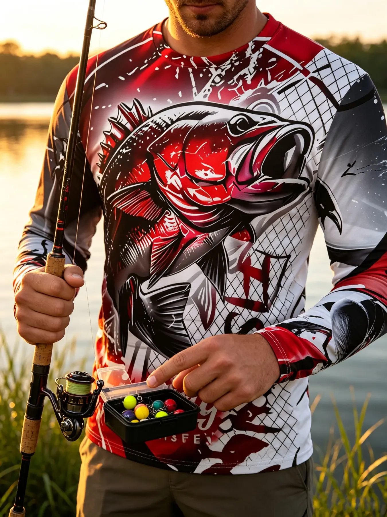 Men Regular Shoulder Red Bass Fish & Fishing Net Full Print Long Sleeve T-Shirt Red Black Splatter Color Block Crew Neck Top Quick Dry Breathable Outdoor Casual Tee Unisex For Lake Sea Angling Fishing Hobby Lovers Daily Outfit.