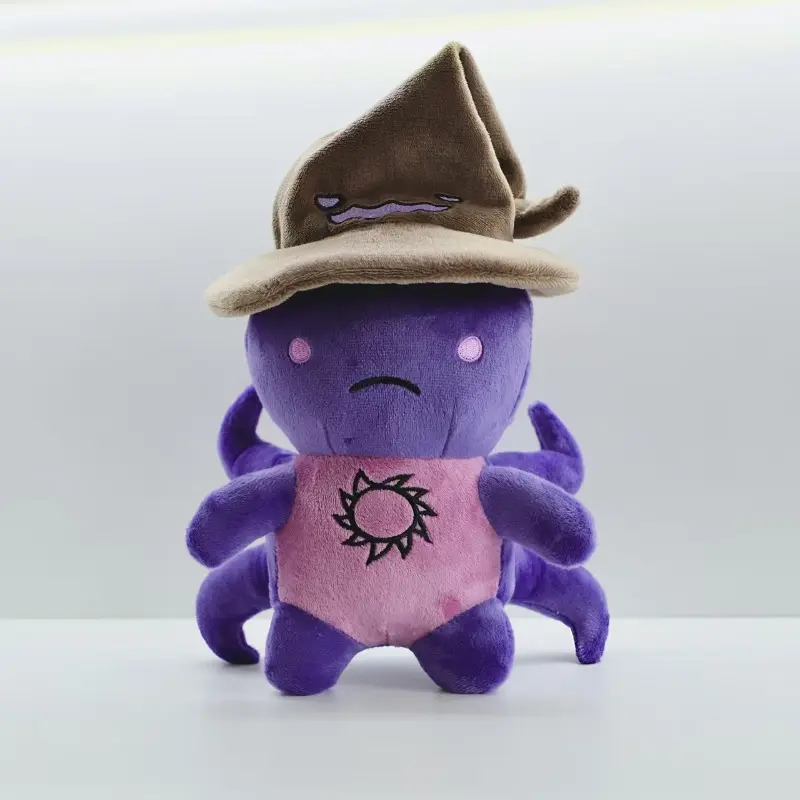 Purple Octopus Wizard Plush Doll Soft Short Plush Pointed Brown Witch Hat Simple Pink Dot Eyes Frowning Mouth Sun Pattern Embroidery On Chest Cute Fantasy Creature Stuffed Pillow Decor Gift For Kids Teens Magic Wizard Themed Birthday Christmas Party Favor
