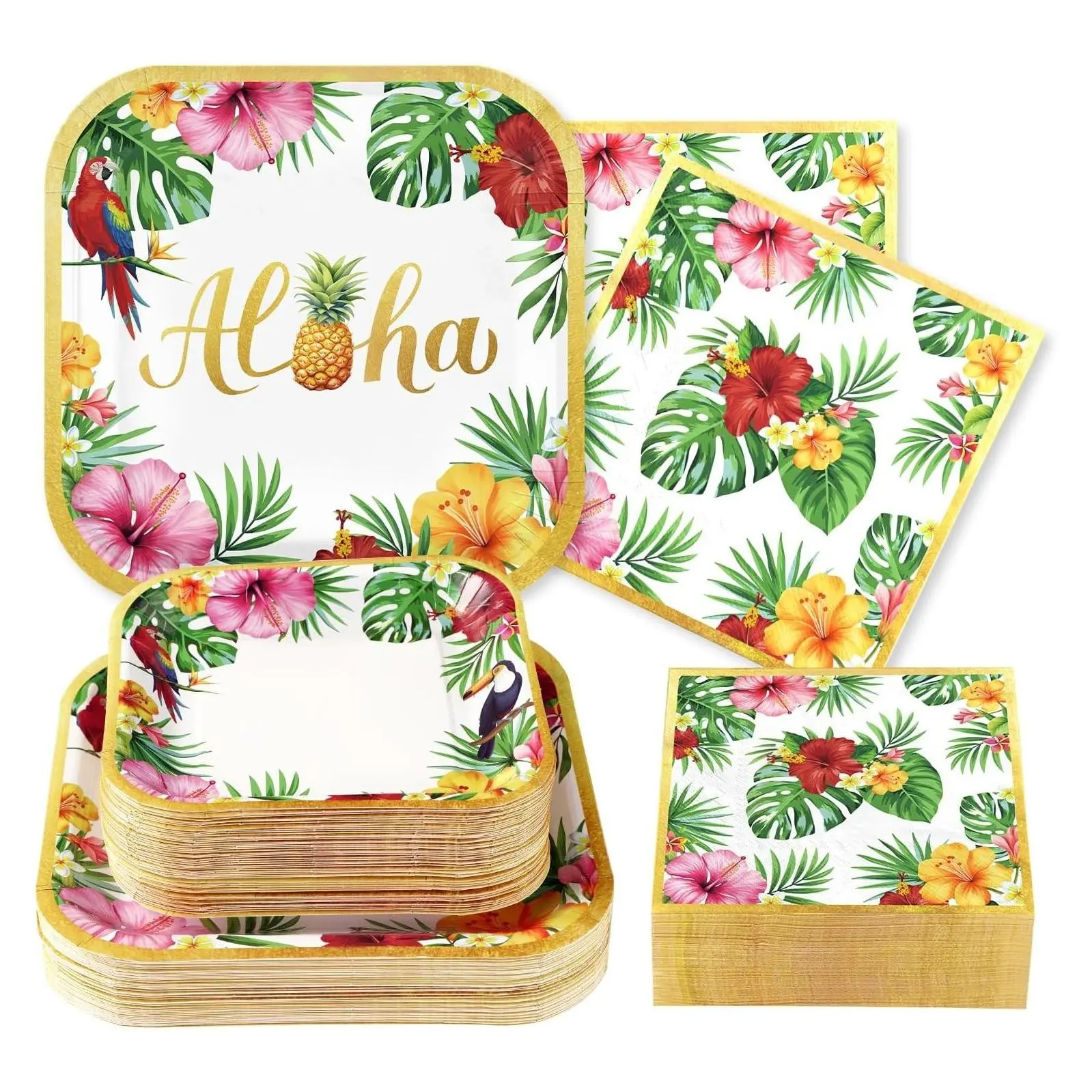 200Pcs Hawaiian Luau Party Supplies Set - Tropical Hibiscus Floral Plates and Napkins, Palm Leaf Tableware for Summer Birthday, Graduation, BBQ, Beach Party, Serves 50Gift