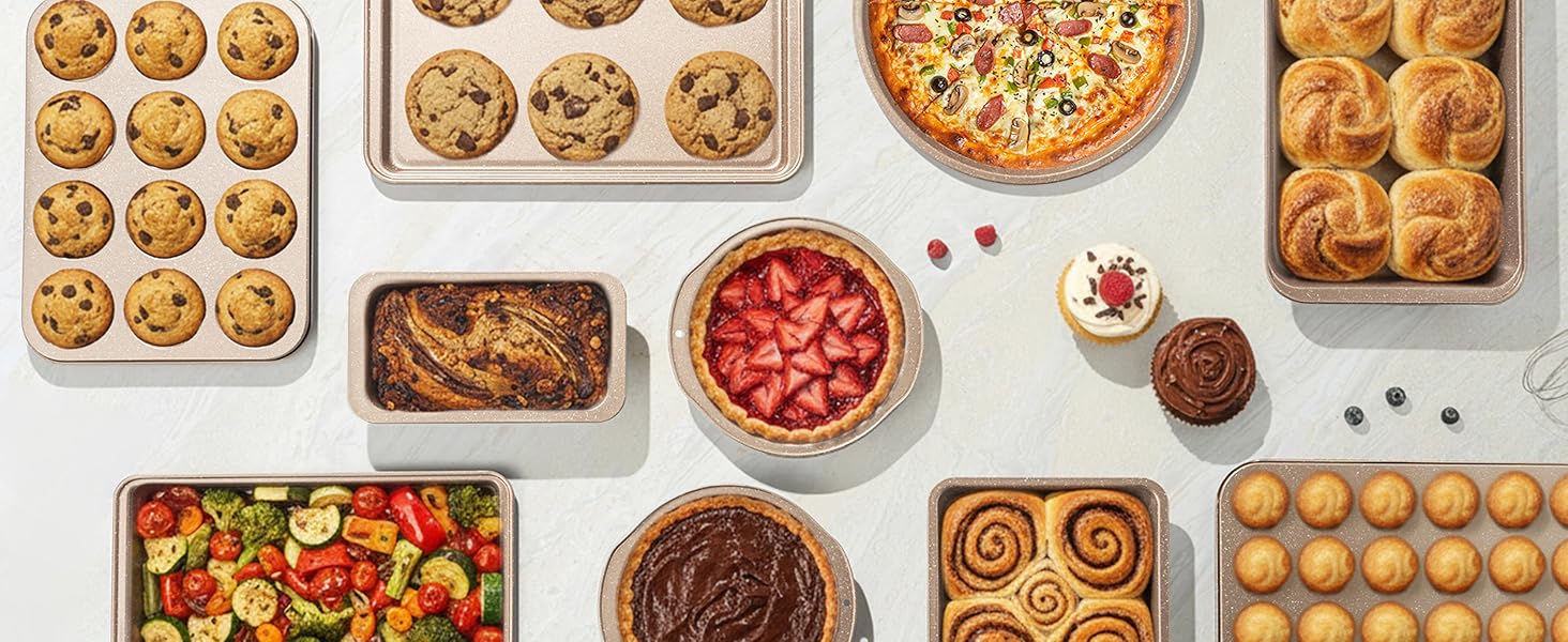 10-Piece Baking Pans Set, Bakeware Sets Nonstick, Baking Set for Oven Cooking, Stackable Carbon Steel Pans Include Cookie Sheets, Muffin , Cake , Pizza , Loaf, Roasting, Gold