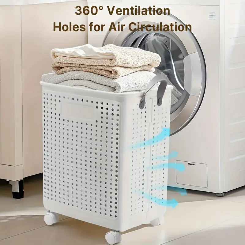 Large Foldable Wheeled Laundry Basket, Plastic Material, Solid Color, Wheeled Laundry Hamper for Small Apartment, Versatile Folding Portable Laundry Basket for Bathroom And Balcony Storage, Laundry Bag, Laundry Room Additions, Laundry Baskets
