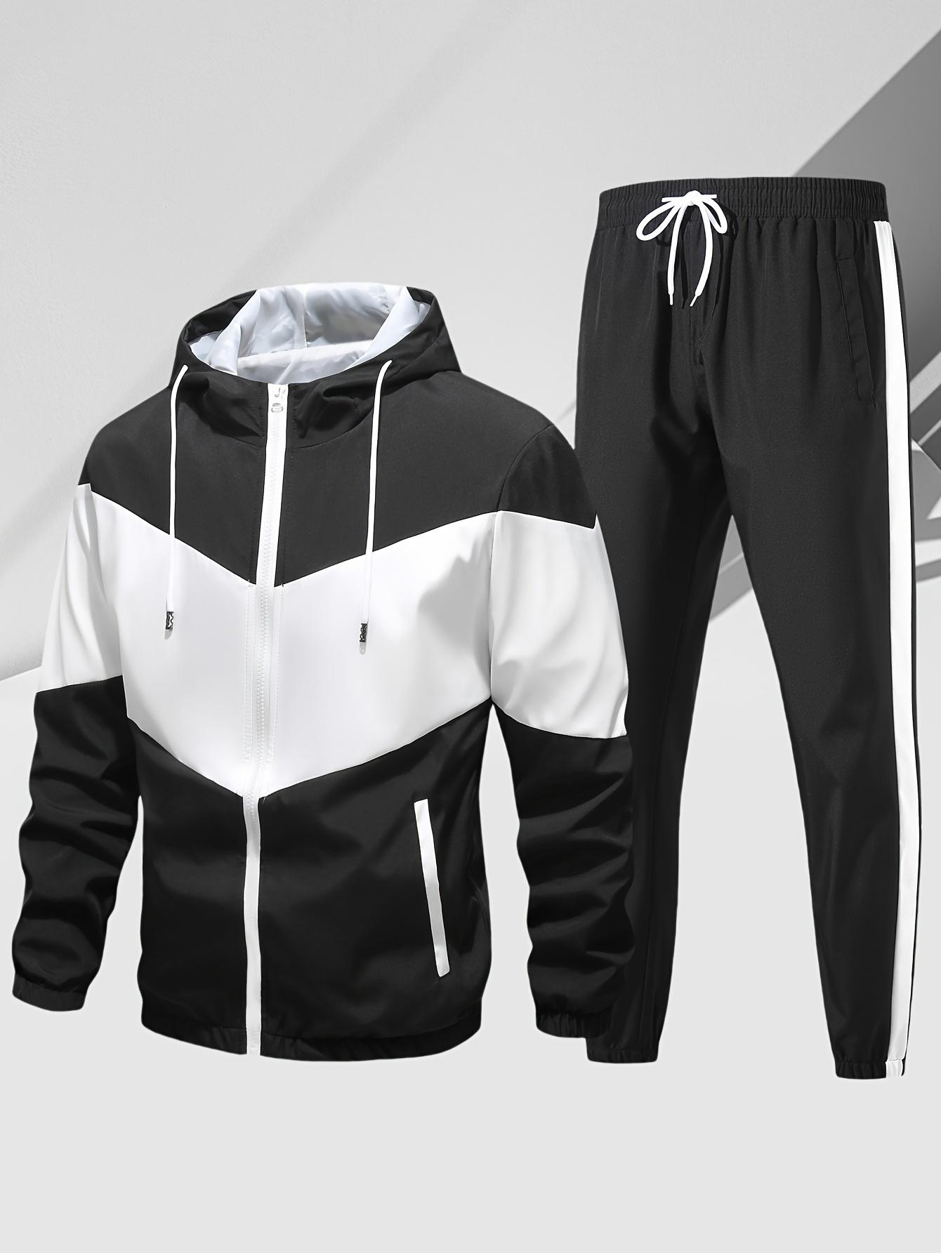 Men's casual two-piece set, stylish contrasting zipper hooded jacket, breathable solid color drawstring pants