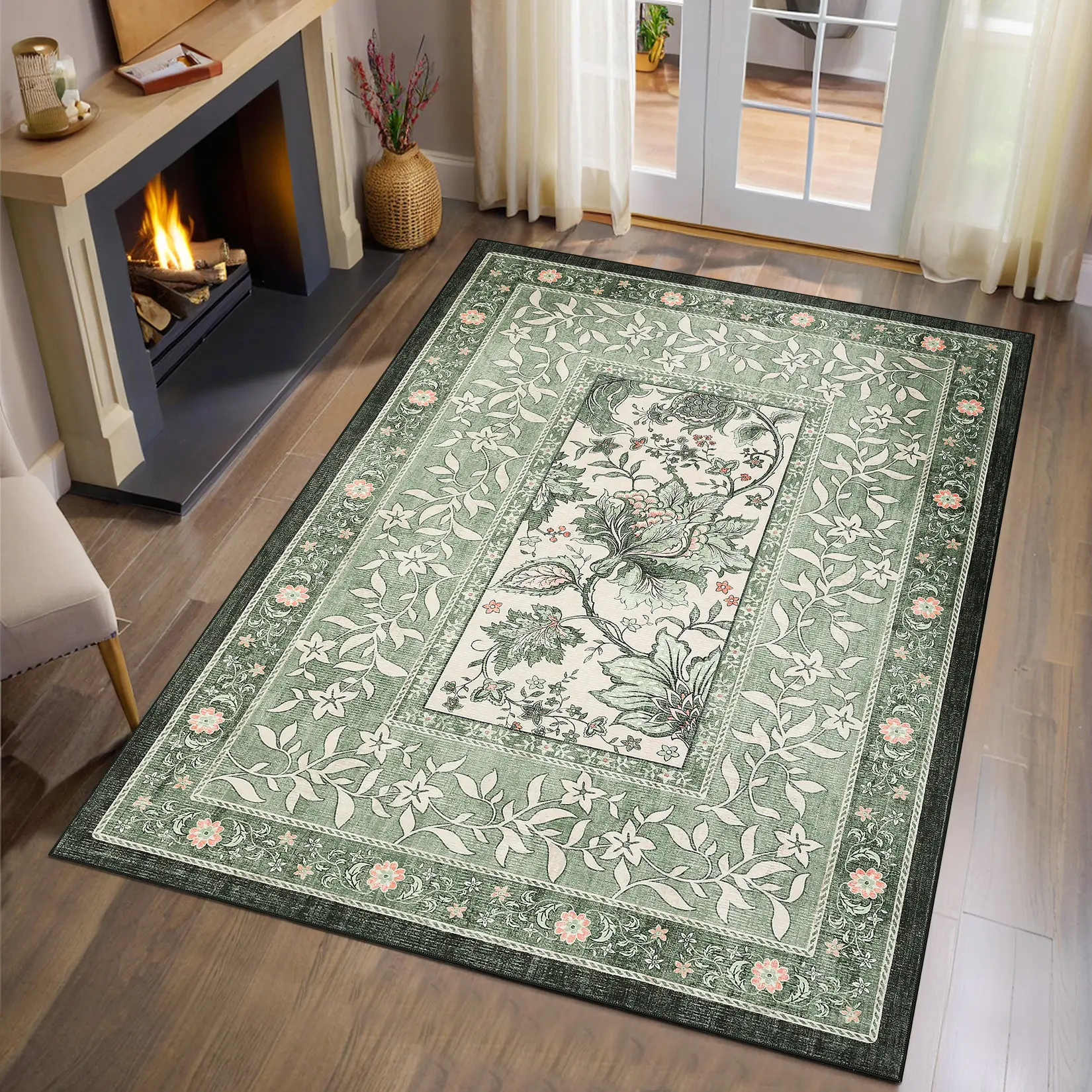 Area Rug for Living Room Washable Cottage Core Retro Farmhouse Low Pile Stain Resistant Large Carpet for Bedroom Dining Room Home Office with TPE Backing