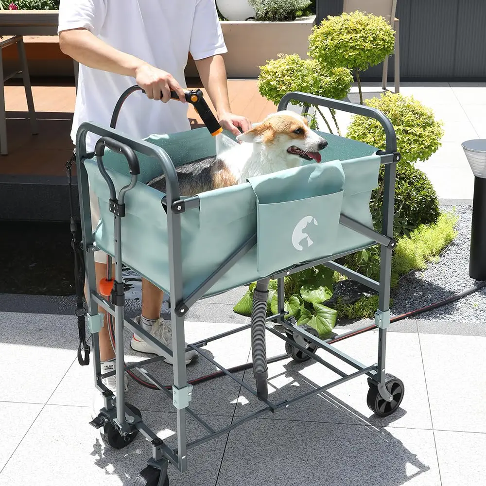 Foldable Dog Bath Tub for Small & Medium Dogs, Adjustable Height Grooming Cart with Wheels, Brakes & Waterproof Base