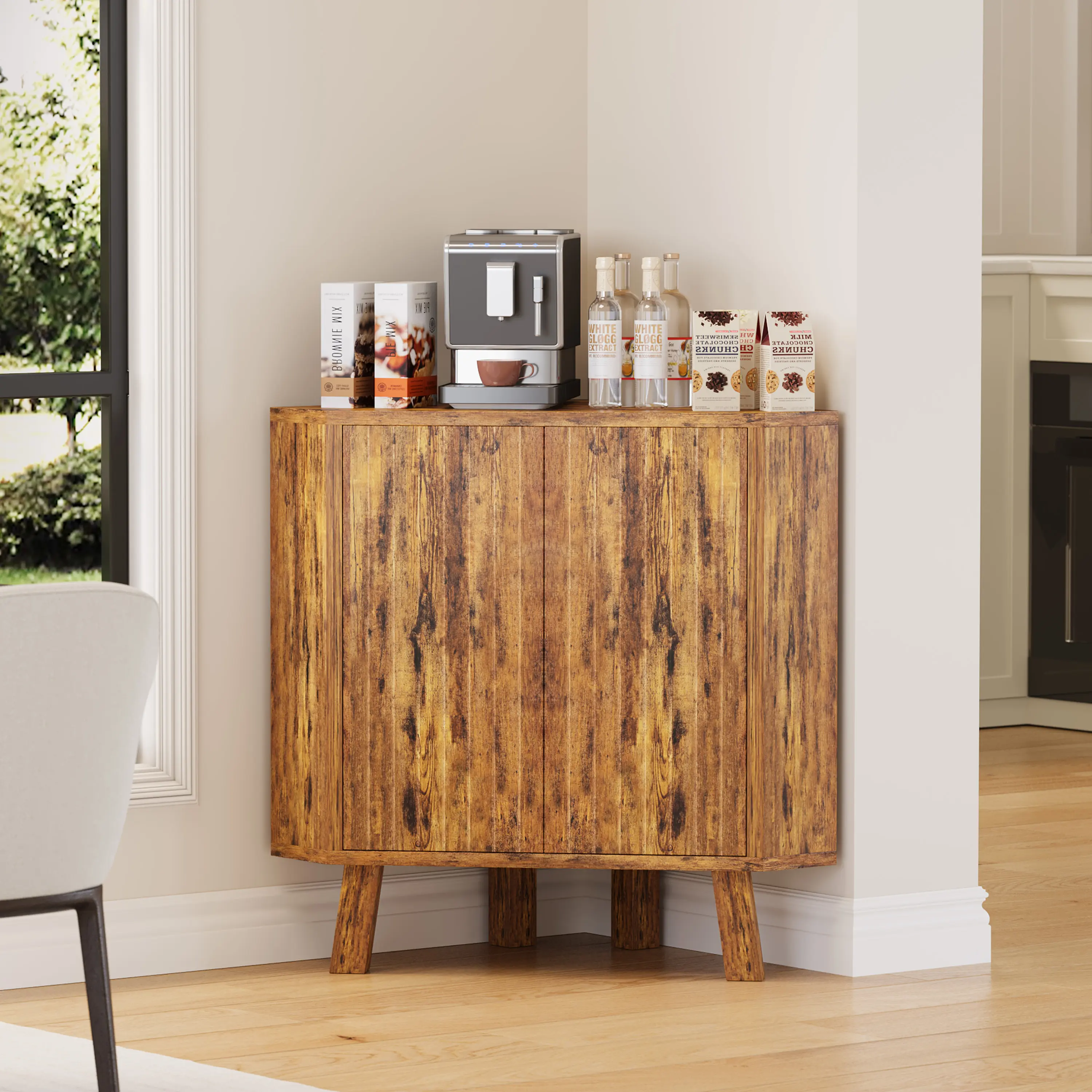 3-Tier Fluted Corner Cabinet with Adjustable Shelves – Freestanding Triangle Floor Cabinet with Auto-Bounce Doors & Anti-Tip Safety – Space-Saving MDF Wood Storage for Kitchen, Dining, Entryway or Living Room – Modern Versatile Design