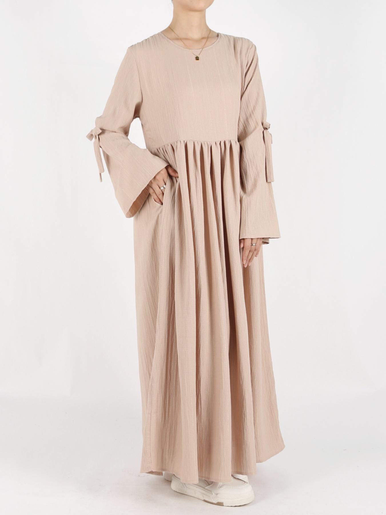 Women's Plain Bow Decor Feminine Flounce Sleeve Pocket Smock Dress, Casual Long Sleeve Round Neck Zipper Back Dress for Daily Wear, Ladies Clothes for All Seasons