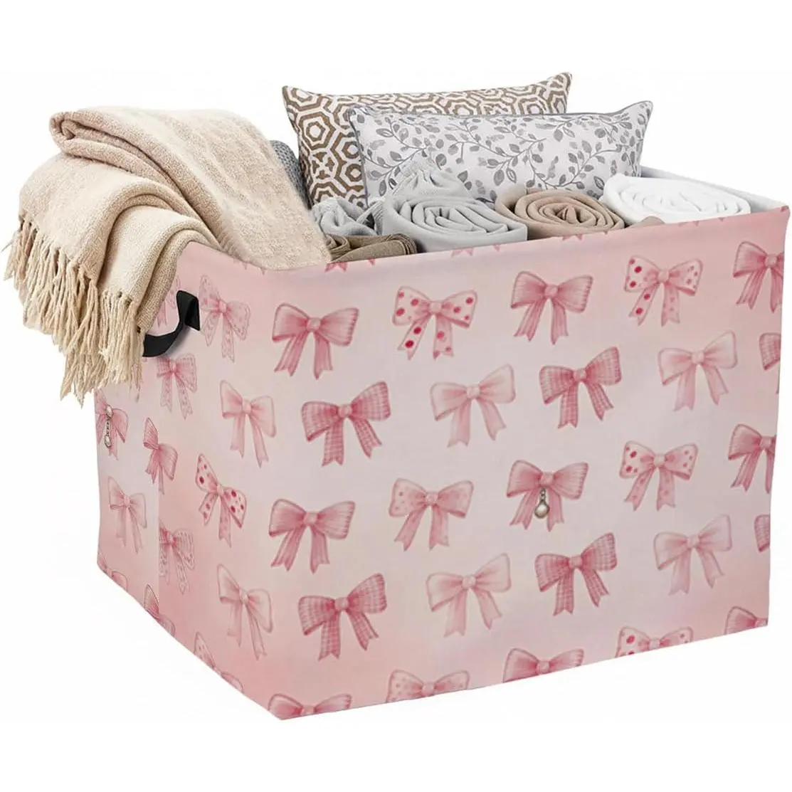 56L Pink Bow Laundry Basket Clothes Hamper with Handles,Foldable Blanket Storage Large Laundry Hamper with Waterproof PE,Toy Storage Bin Organizer,Cube Clothes Organizer, Home Decor