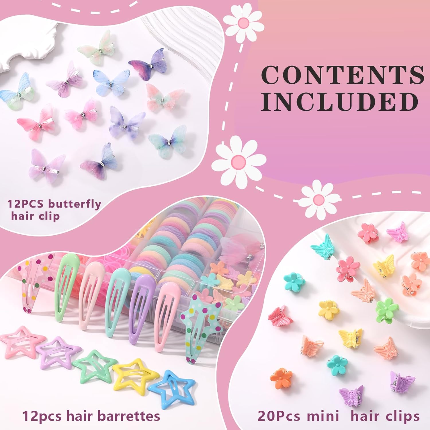 THE WELL KEPT Hair Accessories for Girls, 1350P Colorful Hair Ties with 44P Hair Clips, Glitter Butterfly Hair Clips for , Hair Wax Stick, Butterfly Hair Claws, Hair Barrettes with Hair Comb Set & Organizer Box