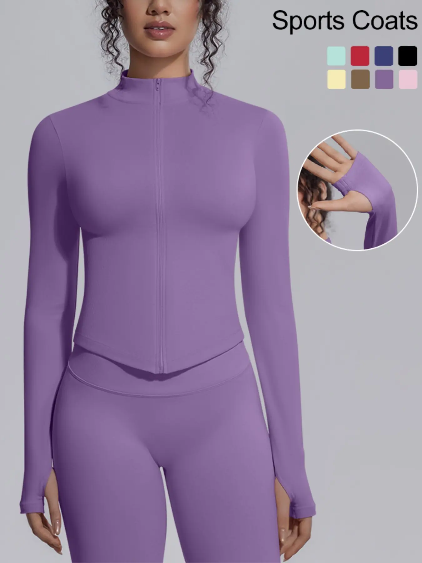 (Only Coat) Women's Slim Fit Sport Jacket, Stand Collar Zipper Yoga Long Sleeve with Finger Cuffs, High Elastic Breathable for Fitness Training Pilates Sport Coats Activewear Coats