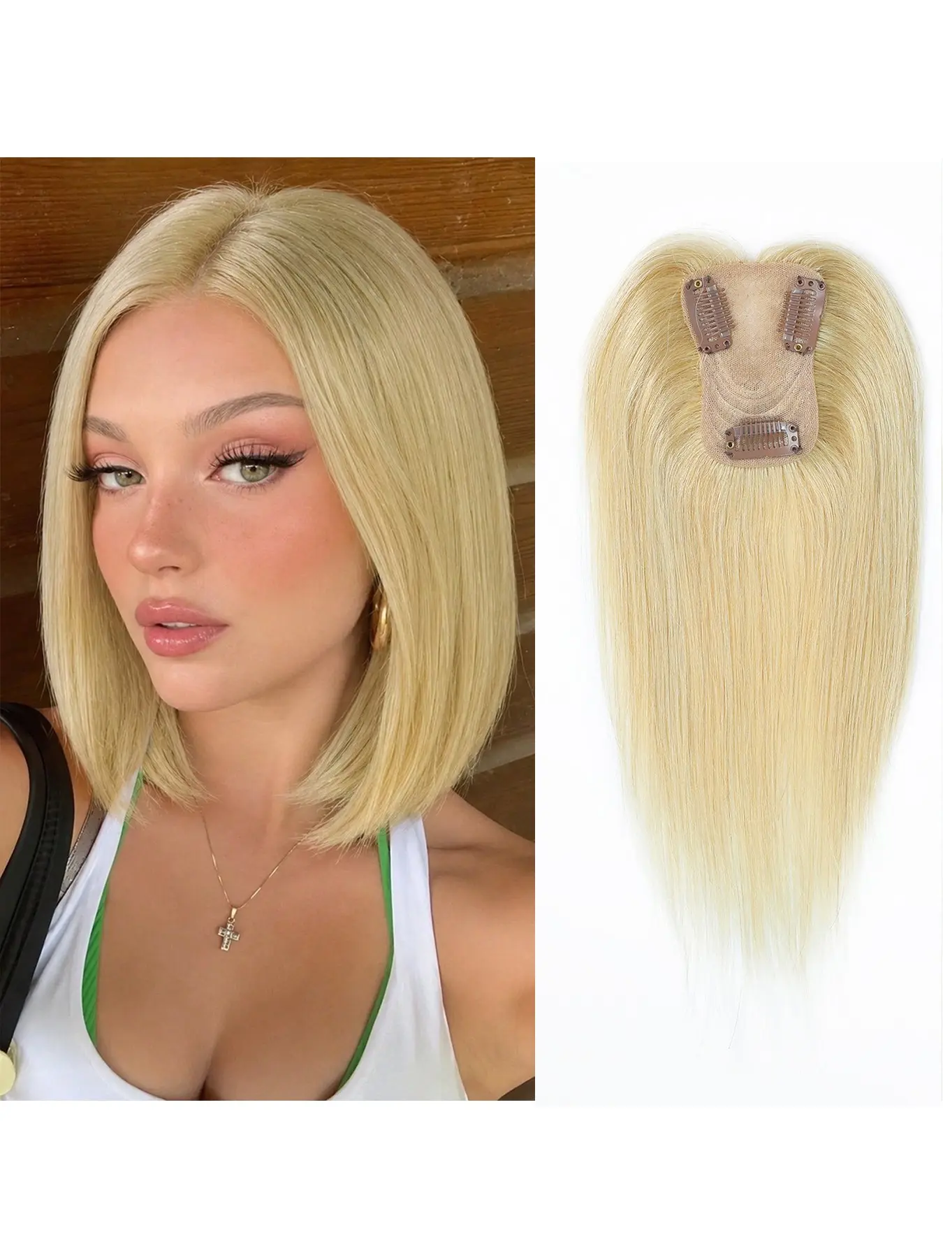 Clip-In Human Hair Topper with Side Bangs — Hand-Tied 2.5x3.5" Lace Base, 10" #613 Blonde, Lightweight Natural Looking Remy Hairpiece for Thinning Hair