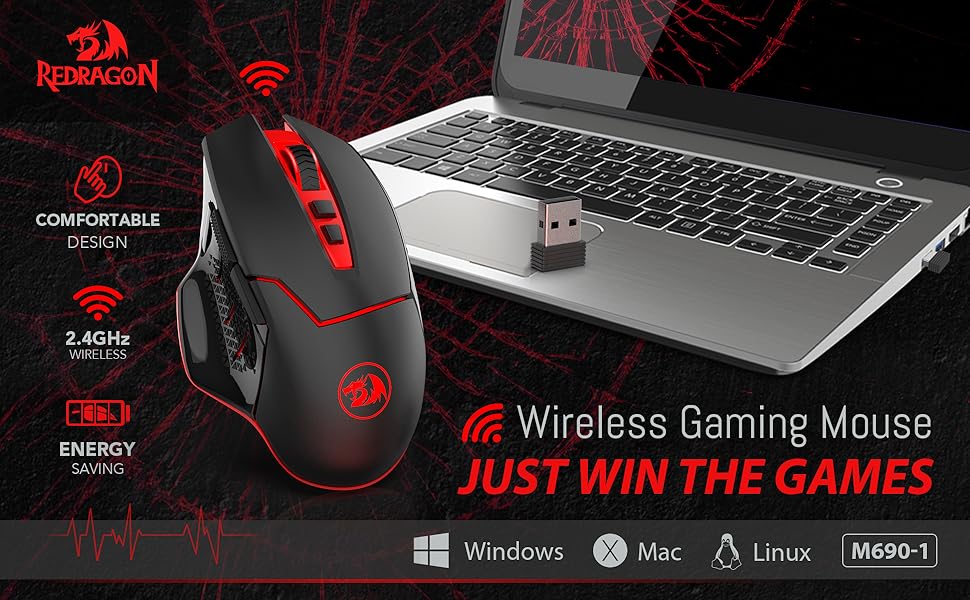 Redragon M690-1 Wireless Gaming Mouse with DPI Shifting, 2 Side Buttons, 2400 DPI, Ergonomic Design, 8 Buttons-Black