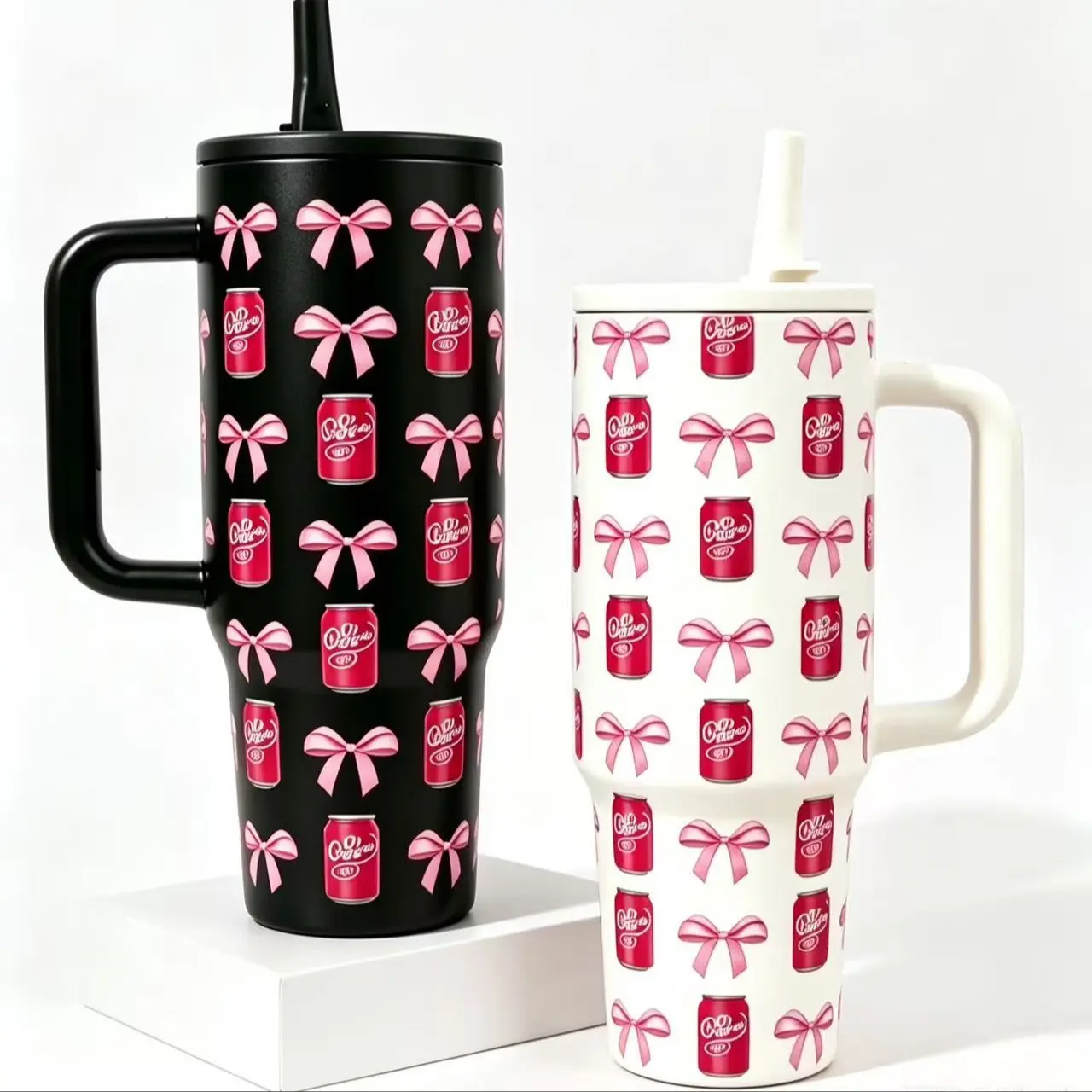 Bow 40oz Tumbler with Handle, Cute Soda Can Pattern, Stainless Steel Vacuum Coffee Cup, Leakproof for Hot and Cold Drinks