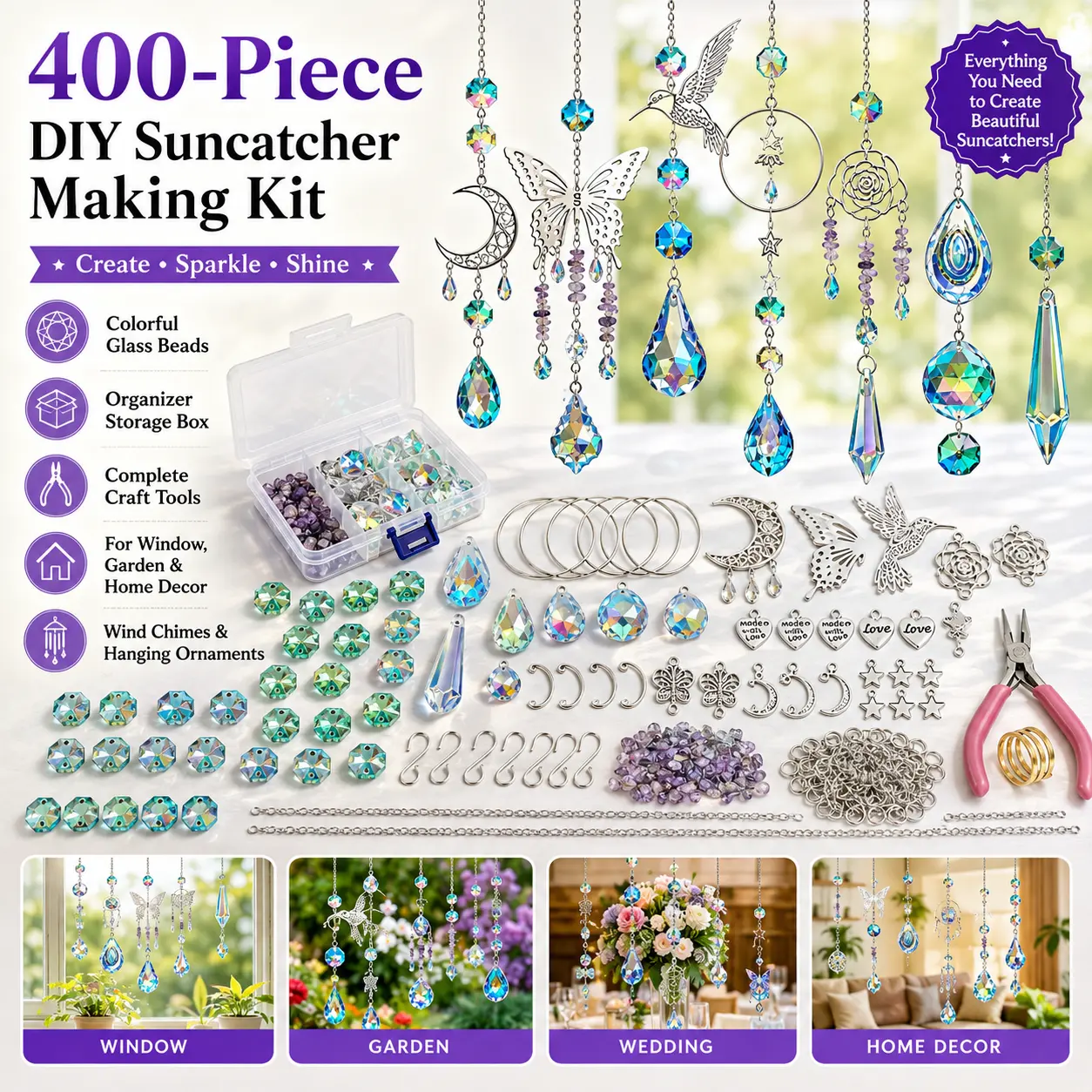 400-Piece DIY Suncatcher Making Kit with Colorful Glass Beads, Organizer Storage Box and Complete Craft Tools for Window, Garden, Wedding and Home Decor, Wind Chimes and Hanging Ornaments