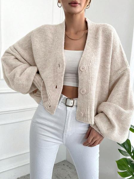 Women's V Neck Lantern Sleeve Sweater, Casual Loose-Fit Knitted Cardigan, Fall & Winter Fashion, Plain Color, One Button Design, Knitwear
