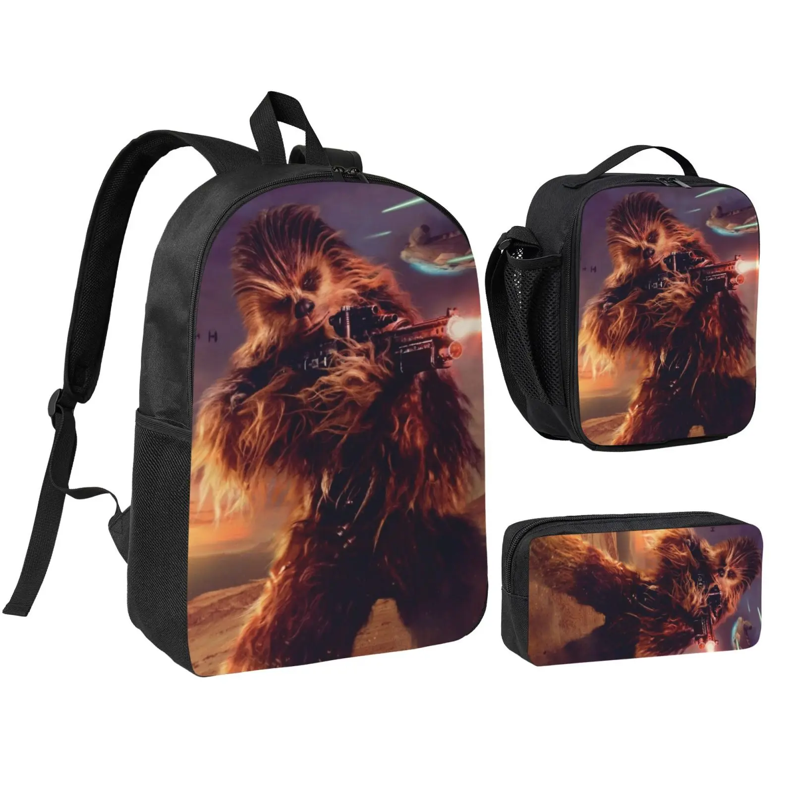 Anime Chewbacca4 backpack with lunch bag pencil box for Teen Girls Boys, 3pcs kids school bag with adjustable straps, office travel bag Bookbag lunchbox