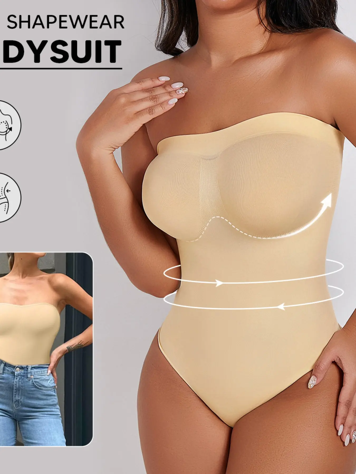 Women's Seamless Control Elastic Shapewear Bodysuit, Strapless Thong Design, Comfortable Breathable Skin-Friendly Fabric, Essential Layering Piece