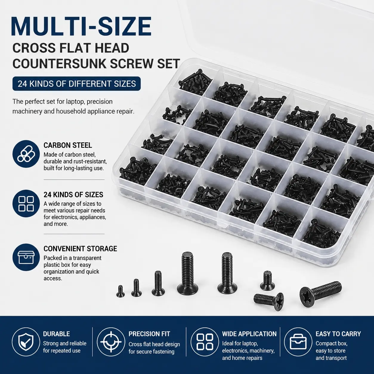 Precision Micro Screw Kit - M1.4 M1.6 M2 M2.5 M3, Slotted/Phillips Flat/Countersunk, Carbon Steel, 72H Salt Spray Tested, for Laptop, Phone, Eyeglass, Watch & More, w/ Box & Card
