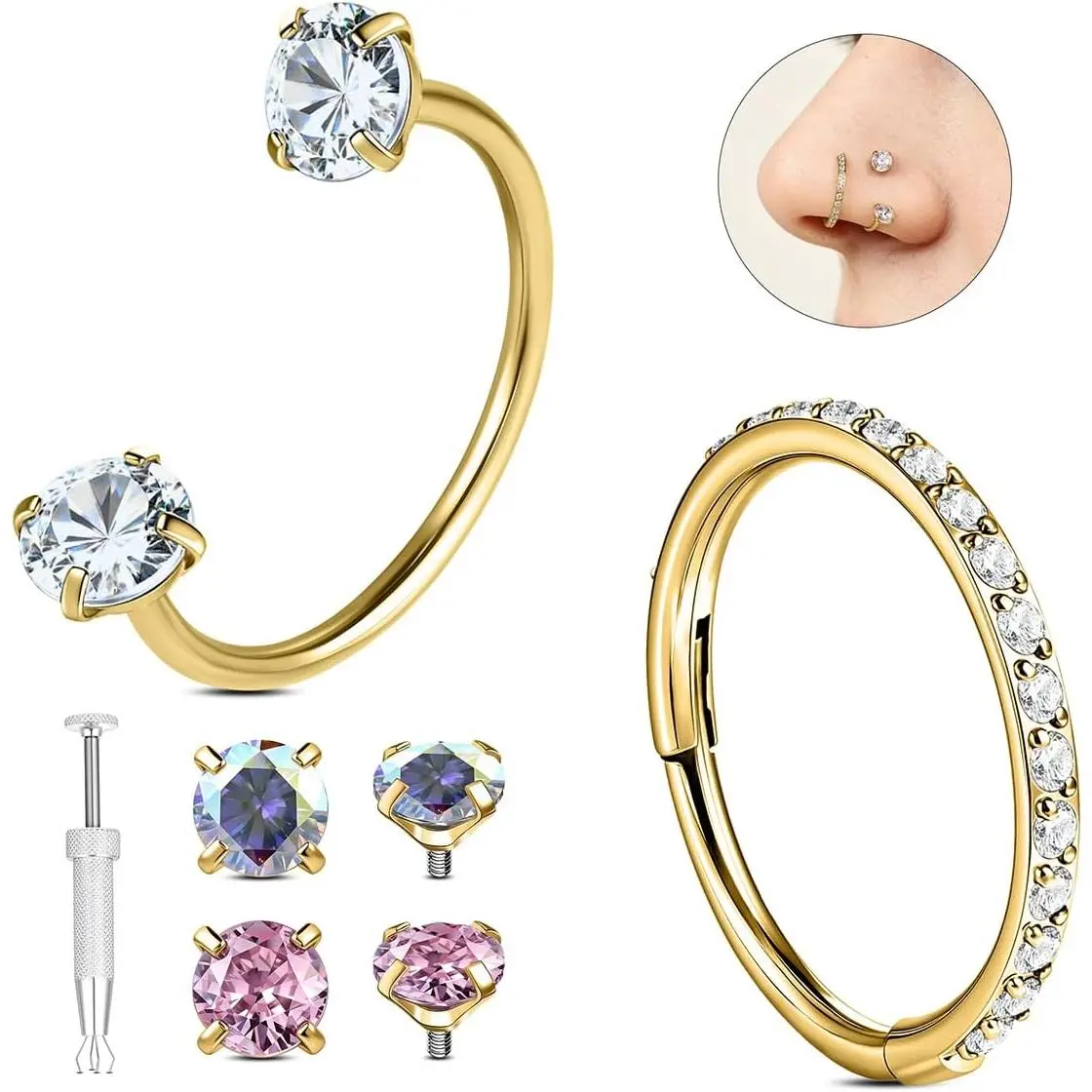 G23 Solid Titanium Nose Rings Studs 20G 6MM 8MM | Horseshoe Nose Ring Hoops for Women, Clicker Cartilage Helix Tragus Rook Earring Hoop, Blue Red Double