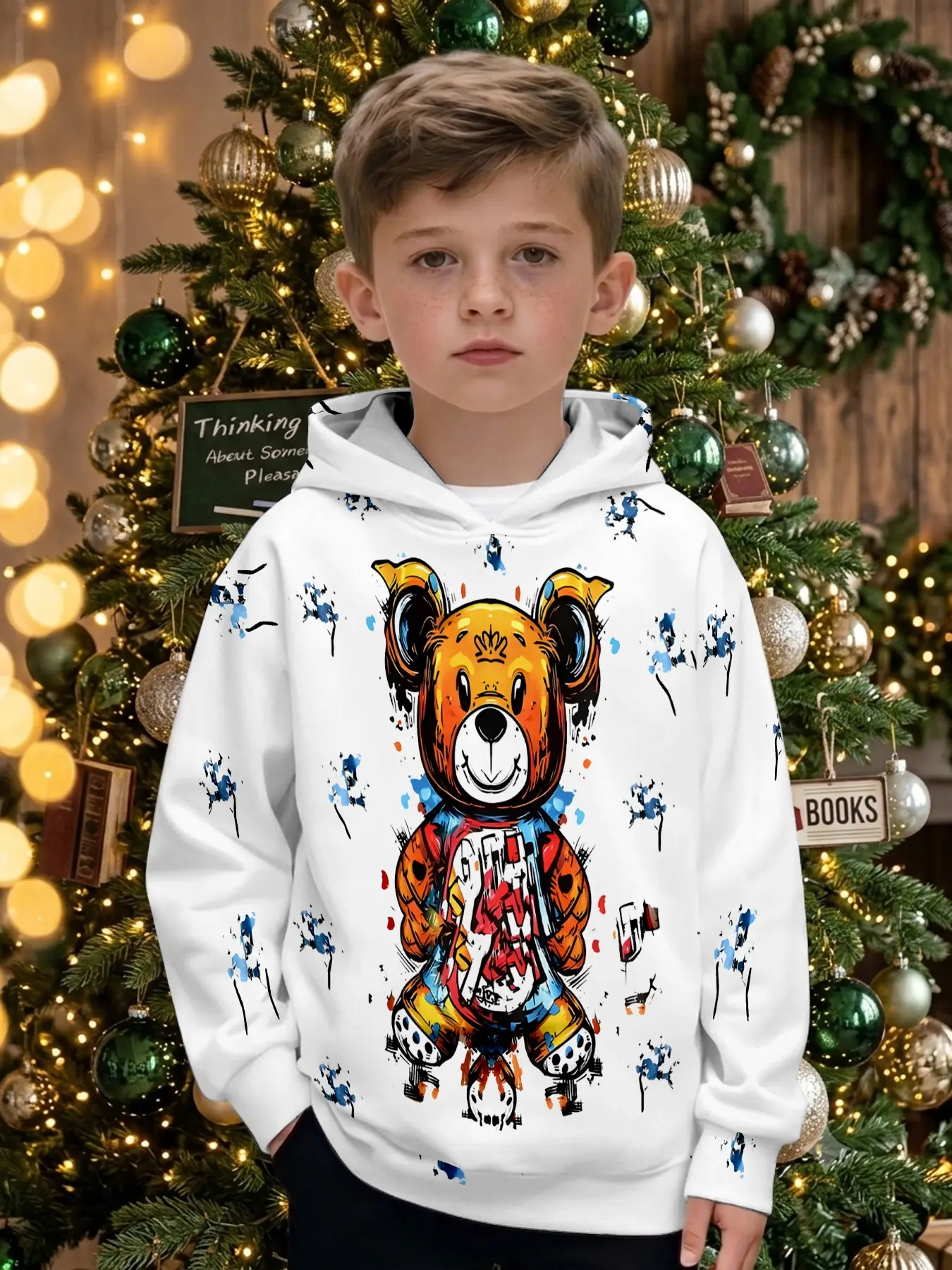 Boys' Hooded Sweatshirt with Bear Print, Creative Splatter Design, Long Sleeve, Fall & Winter, Outdoor Wear, Christmas Gift