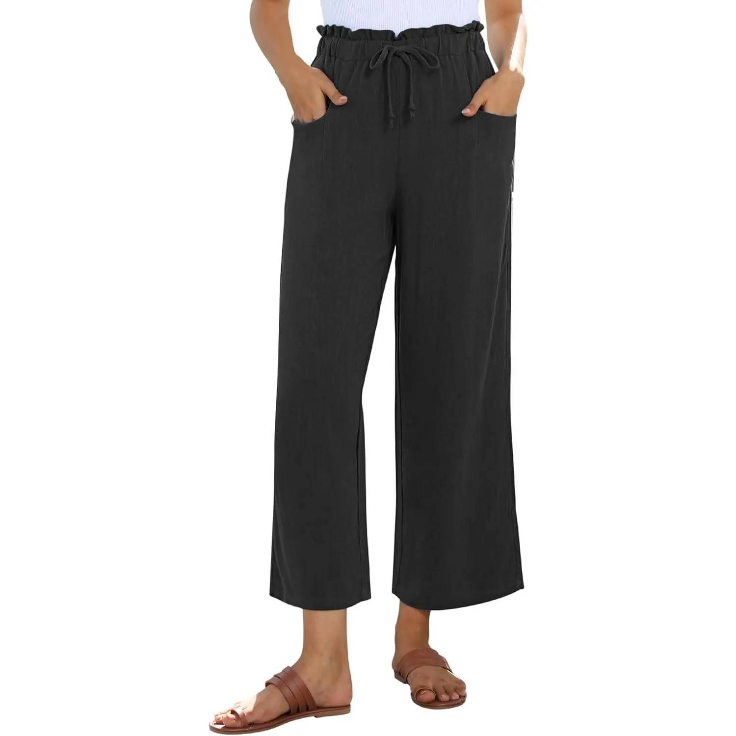 Wide Leg Linen Pants for Women Summer Capri Palazzo Flowy Pants Casual Loose High Waist Trousers with Pockets
