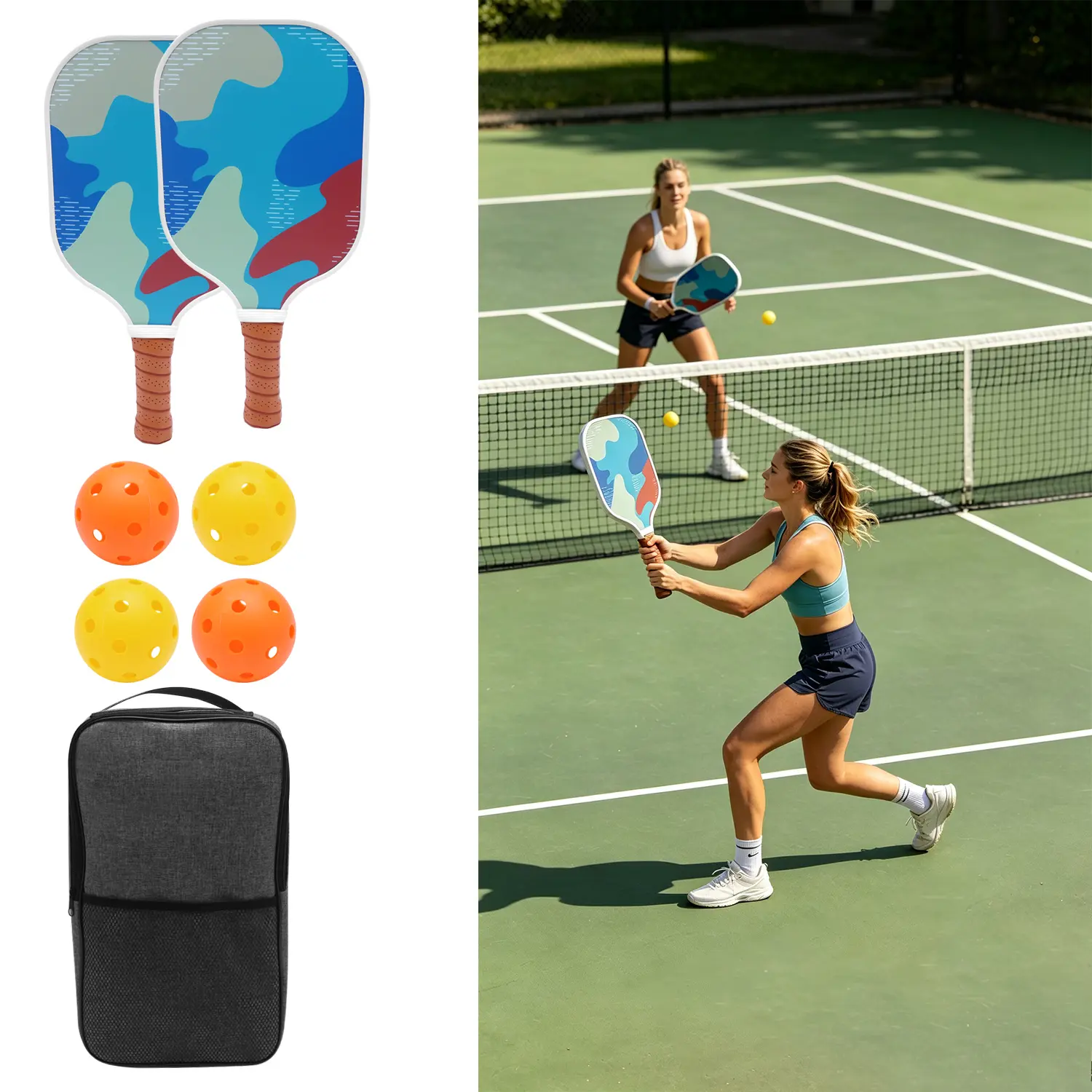 Fiberglass Pickleball Paddles Set 2 Pack, Premium Pickleball Rackets with Ventilated Handle, 4 Pickle Balls & Storage Bag, Pickleball Starter Kit for All Skill Levels Outdoor Indoor Play