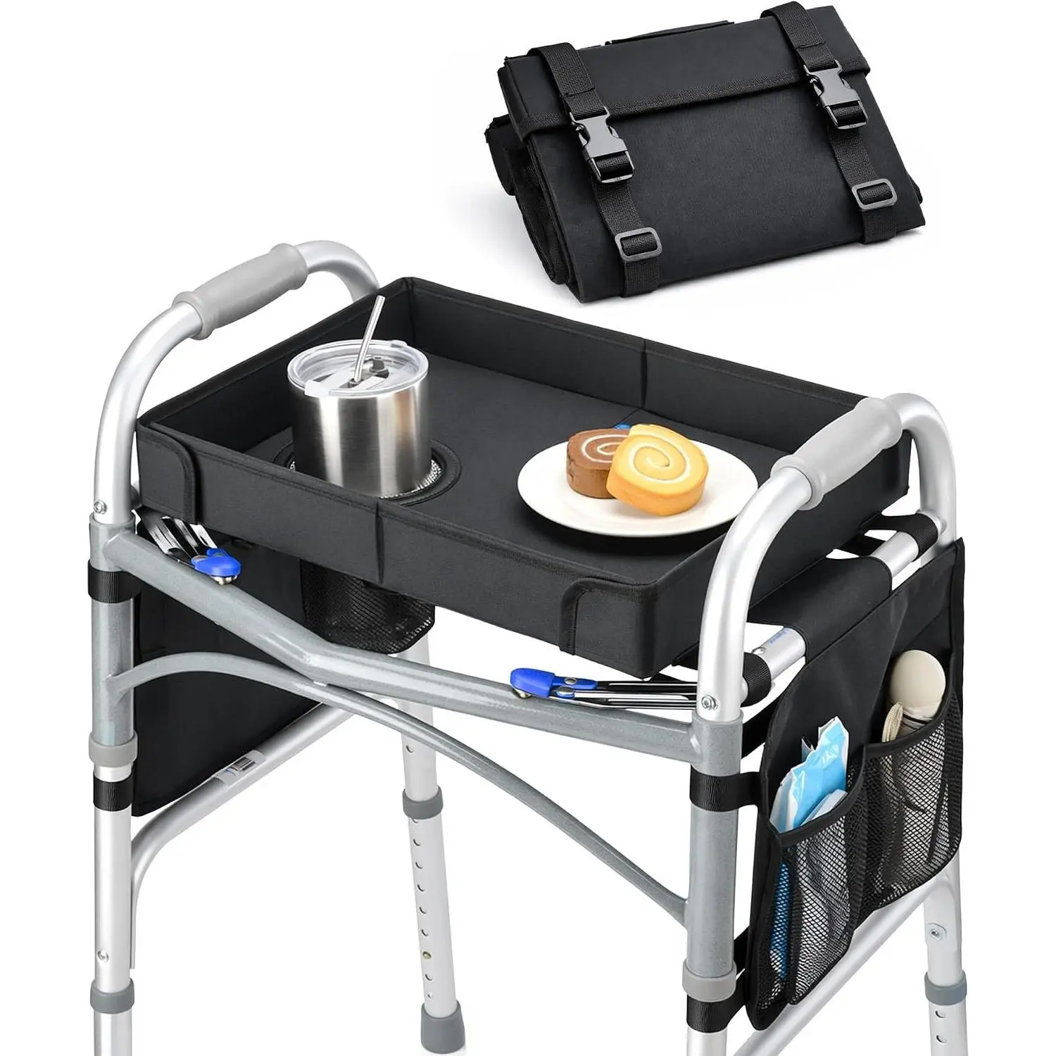 Walker Tray for Folding Walker – Foldable Tray for Walkers with Side Pockets & Cup Holder, Spill-Proof, Easy Install with Straps, Fits Rolling Walkers with Side Bars, for Meals & Drinks