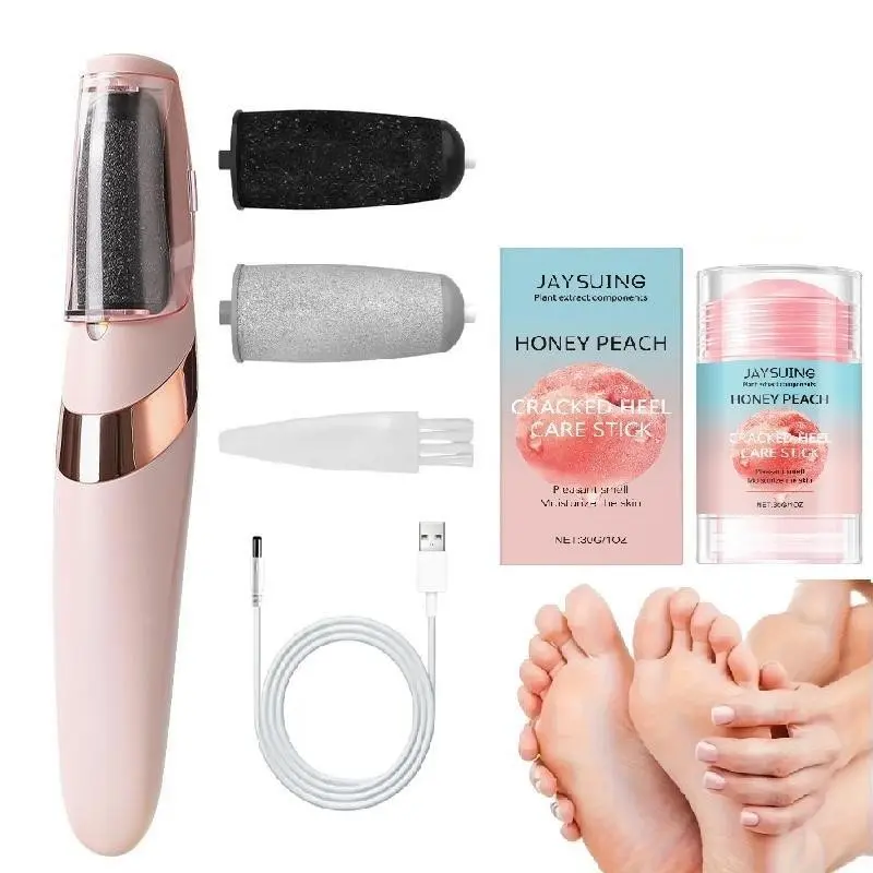 USB Rechargeable Electric Foot Grinder Set, Honey Peach Heel Care Balm Stick, Dual Speed Pedicure Kit, At-Home Foot Skin Care